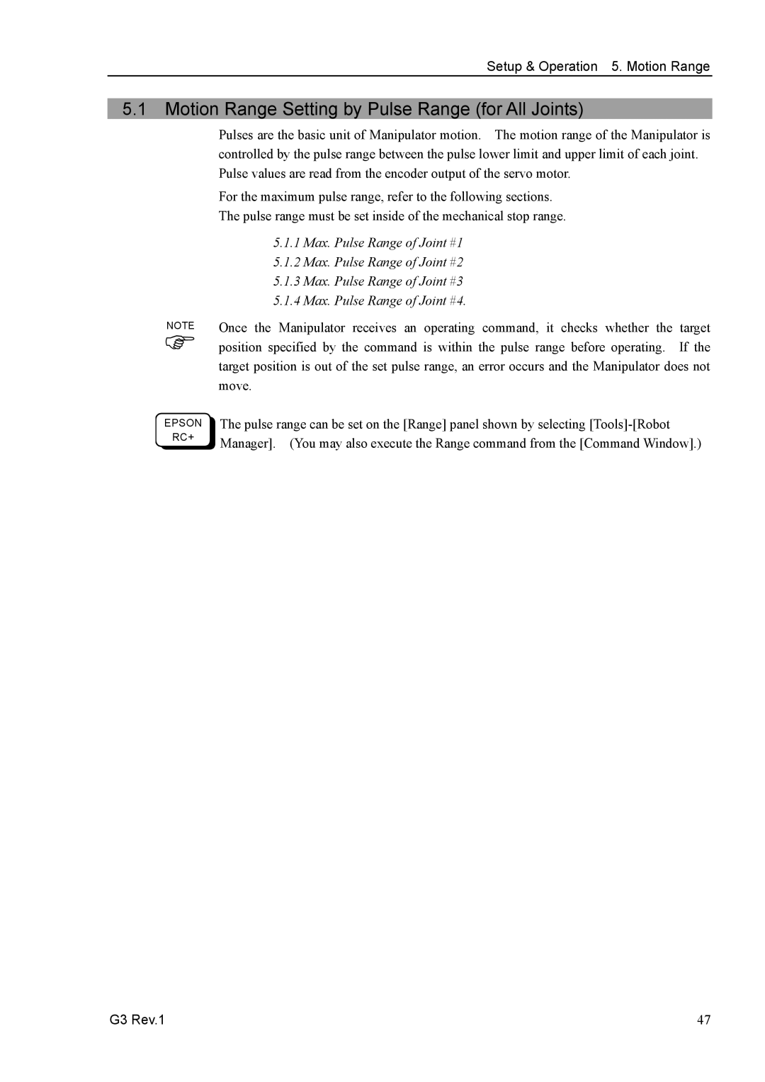 Epson G3 Series manual Motion Range Setting by Pulse Range for All Joints 