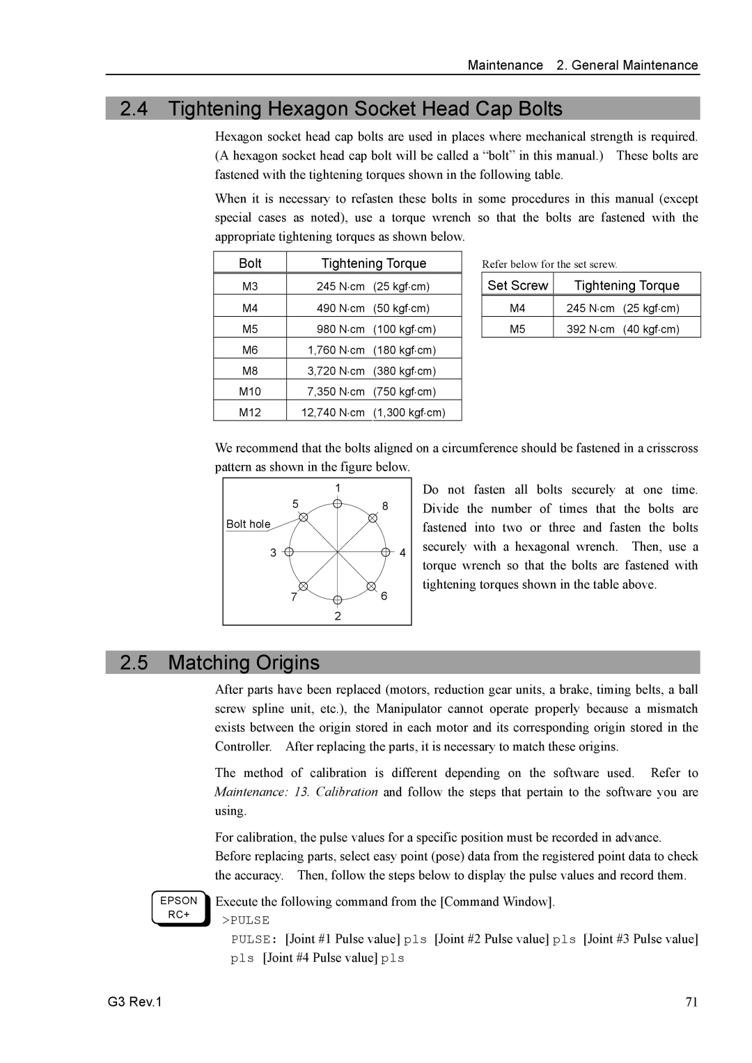 Epson G3 Series manual Tightening Hexagon Socket Head Cap Bolts, Matching Origins, Bolt Tightening Torque 