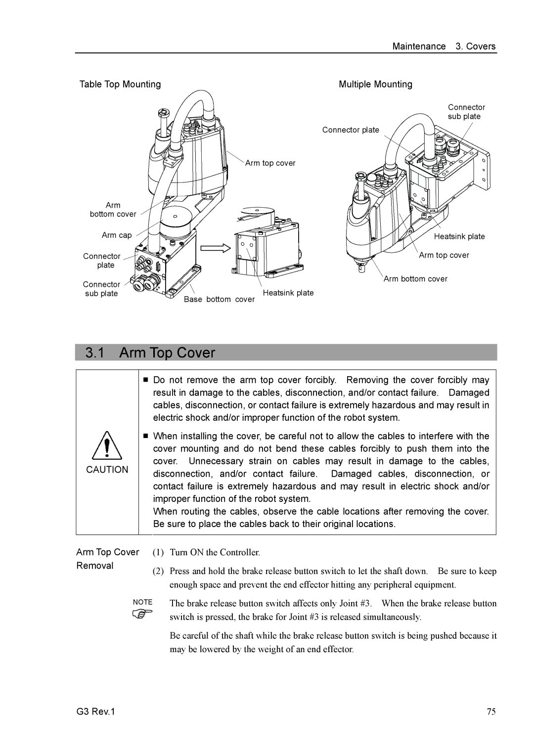 Epson G3 Series manual Arm Top Cover, Table Top Mounting Multiple Mounting, Removal 