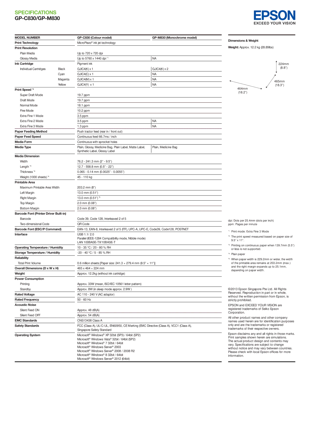 Epson manual Specifications GP-C830/GP-M830 