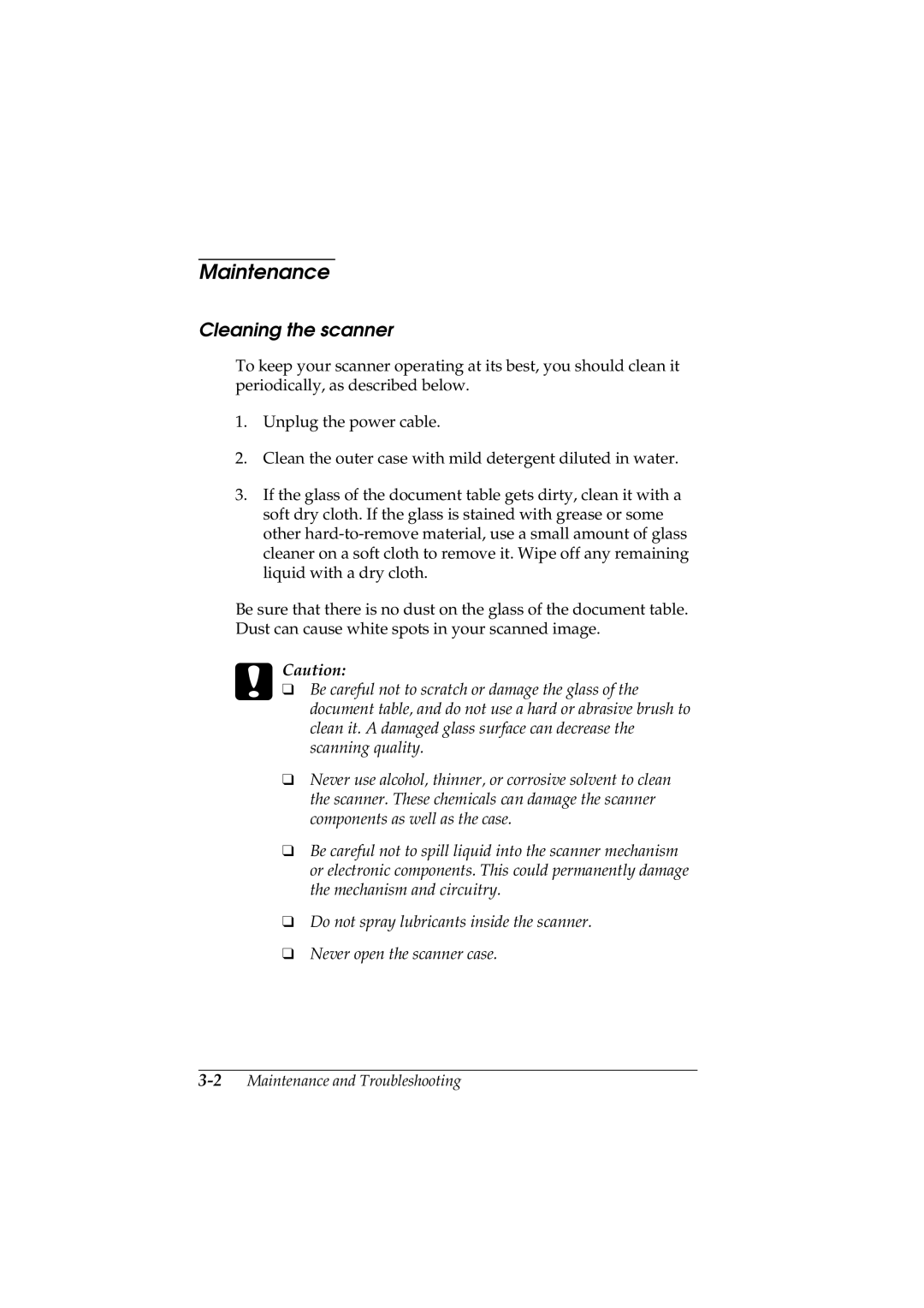 Epson GT-5500 manual Maintenance, Cleaning the scanner 