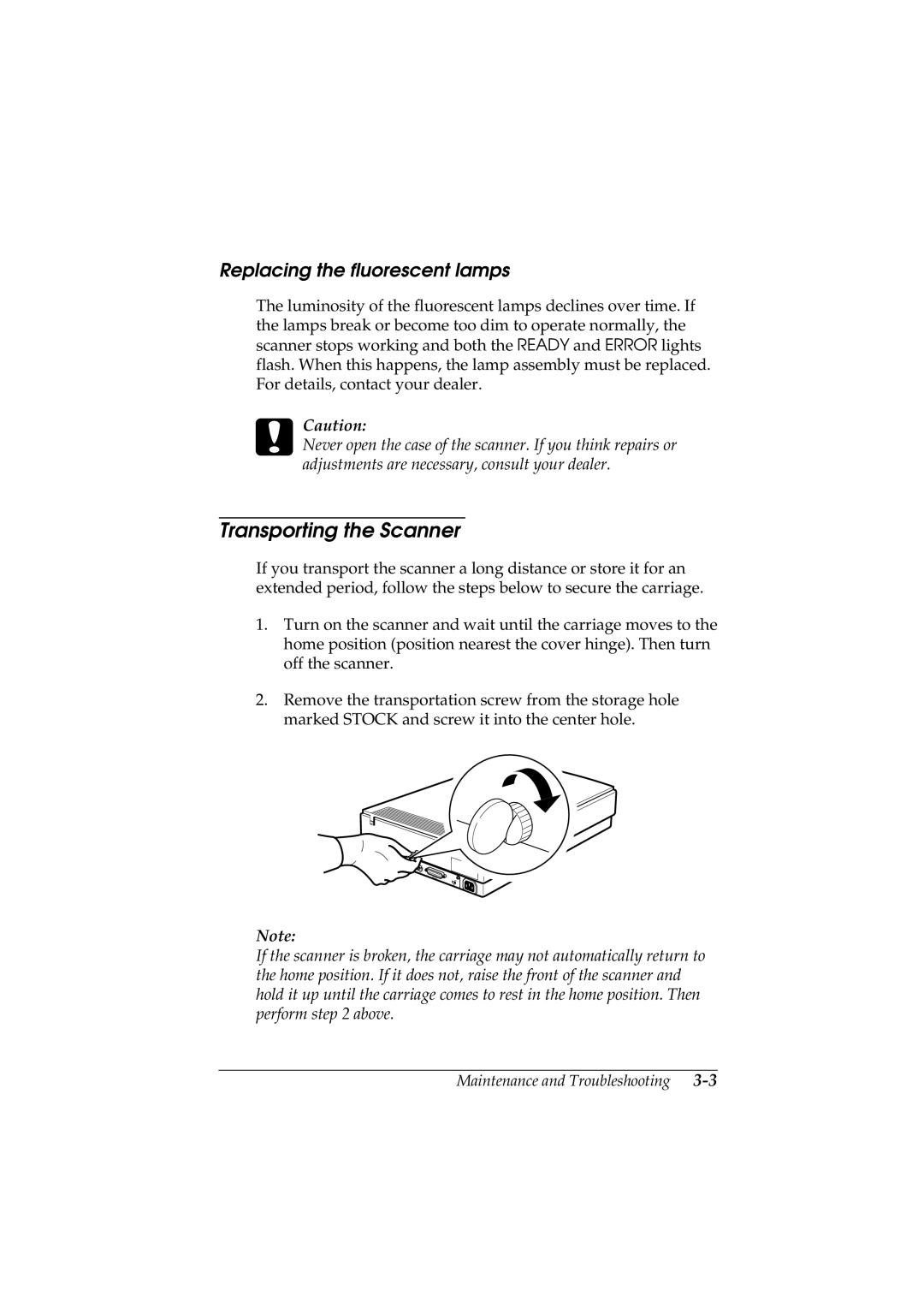 Epson GT-5500 manual Transporting the Scanner, Replacing the fluorescent lamps 