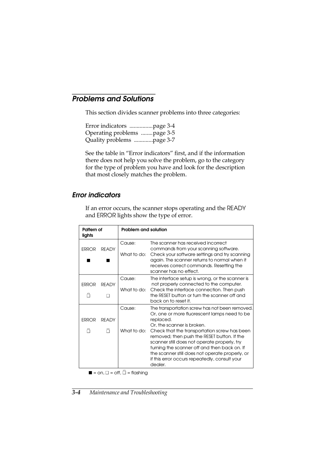 Epson GT-5500 manual Problems and Solutions, Error indicators 