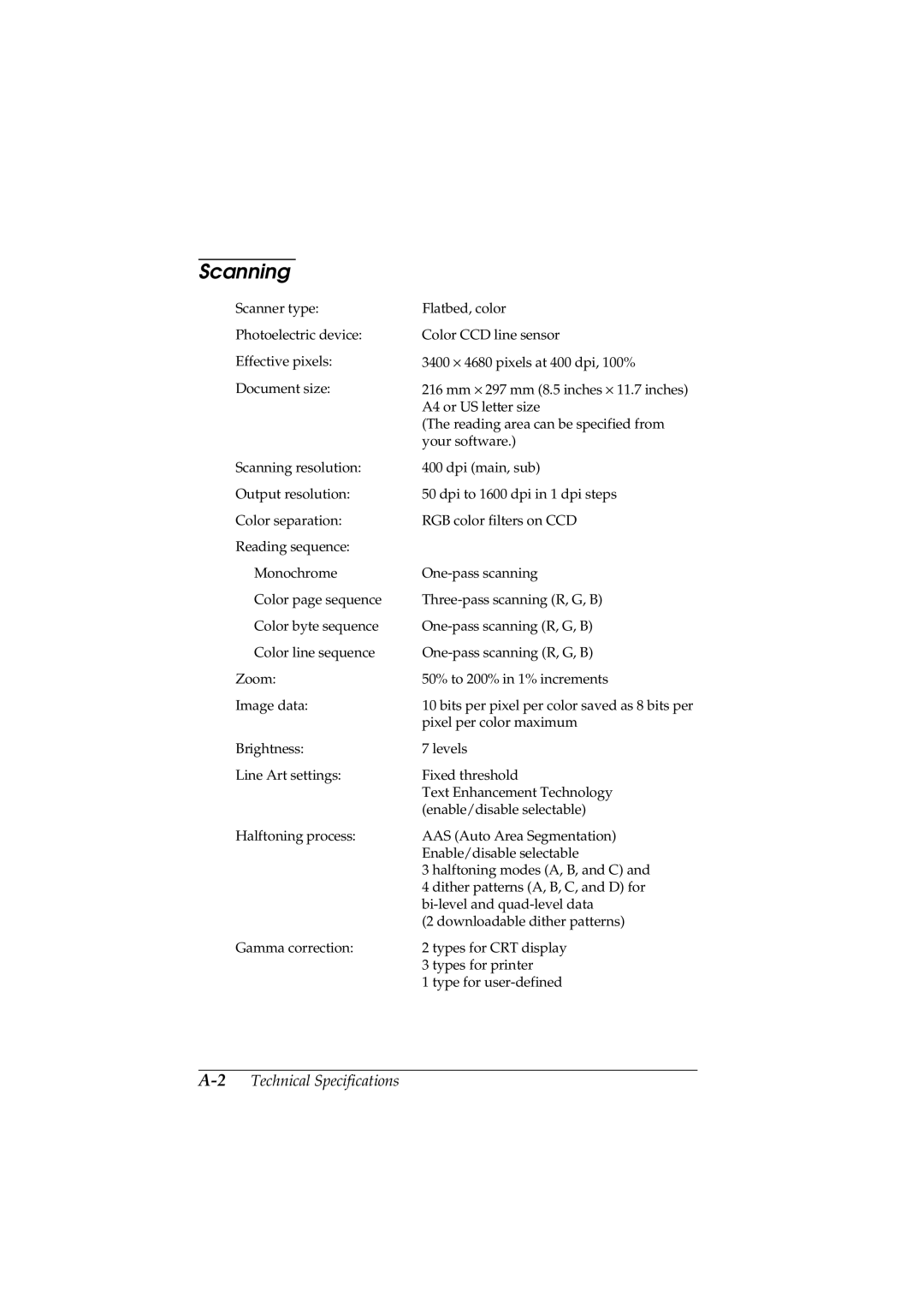 Epson GT-5500 manual Scanning, 2Technical Specifications 