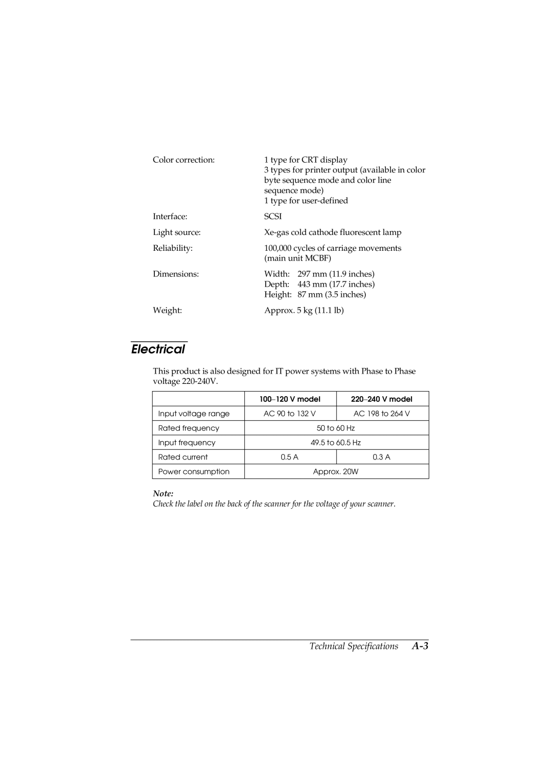 Epson GT-5500 manual Electrical 