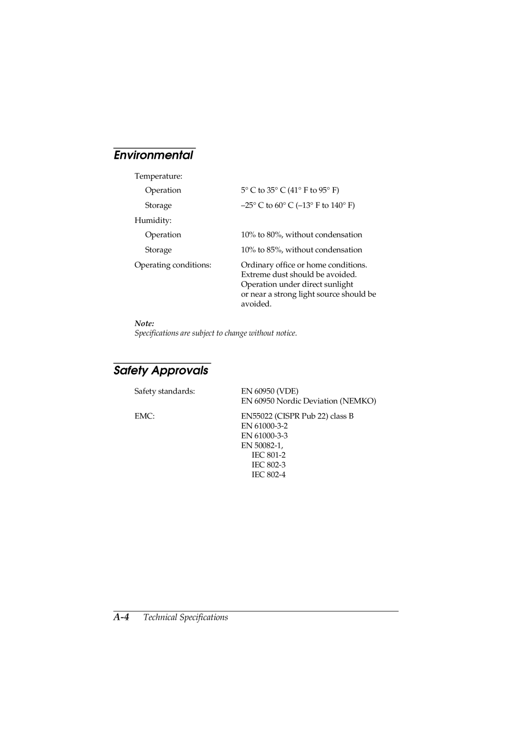 Epson GT-5500 manual Environmental, Safety Approvals 