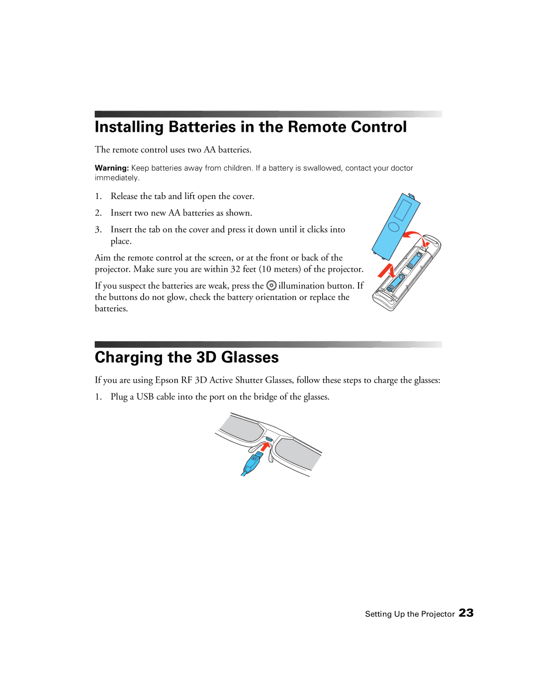 Epson PowerLite Home Cinema 3020e, HC3020, 3020E manual Installing Batteries in the Remote Control, Charging the 3D Glasses 