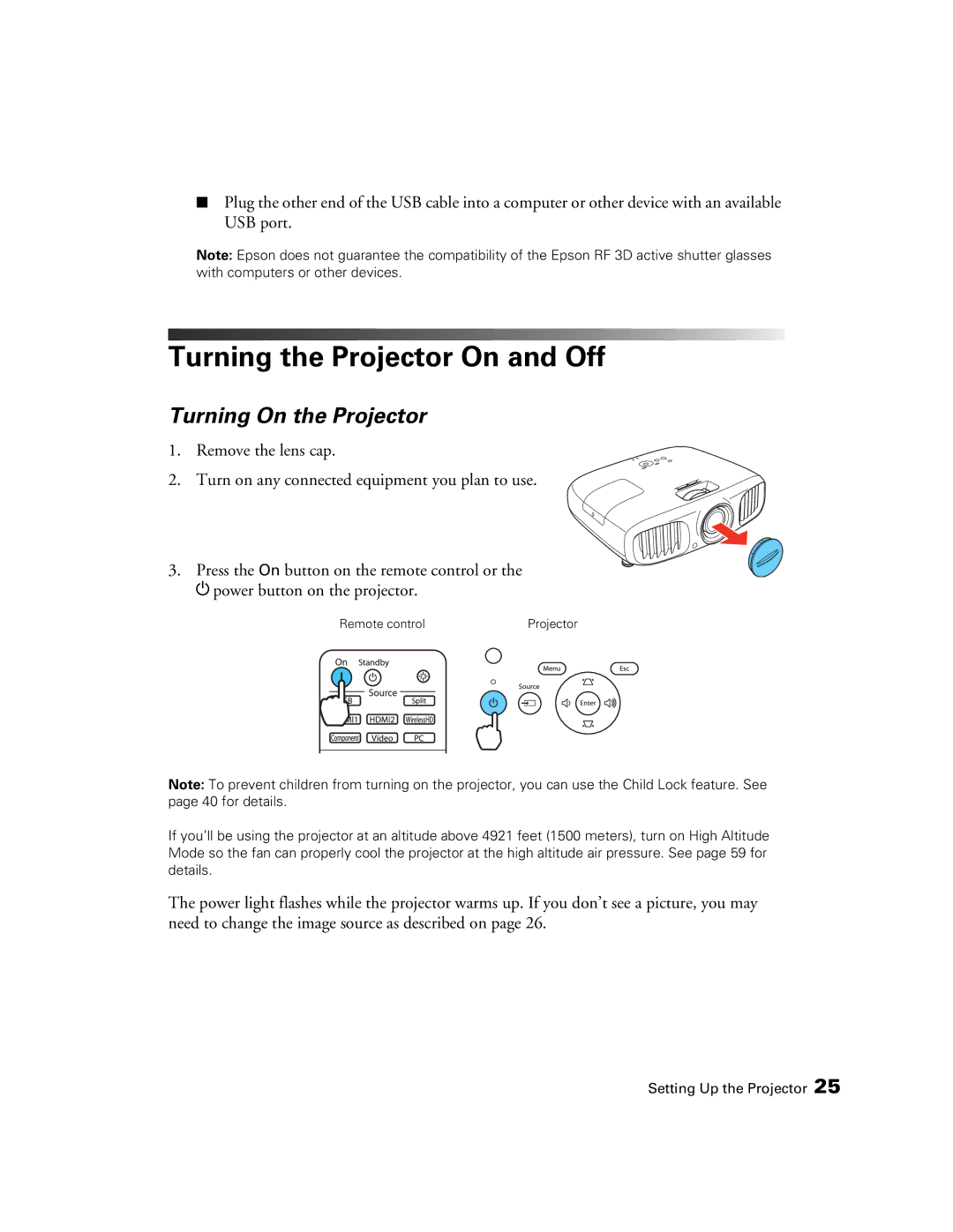 Epson HC3020, 3020E, PowerLite Home Cinema 3020e manual Turning the Projector On and Off, Turning On the Projector 