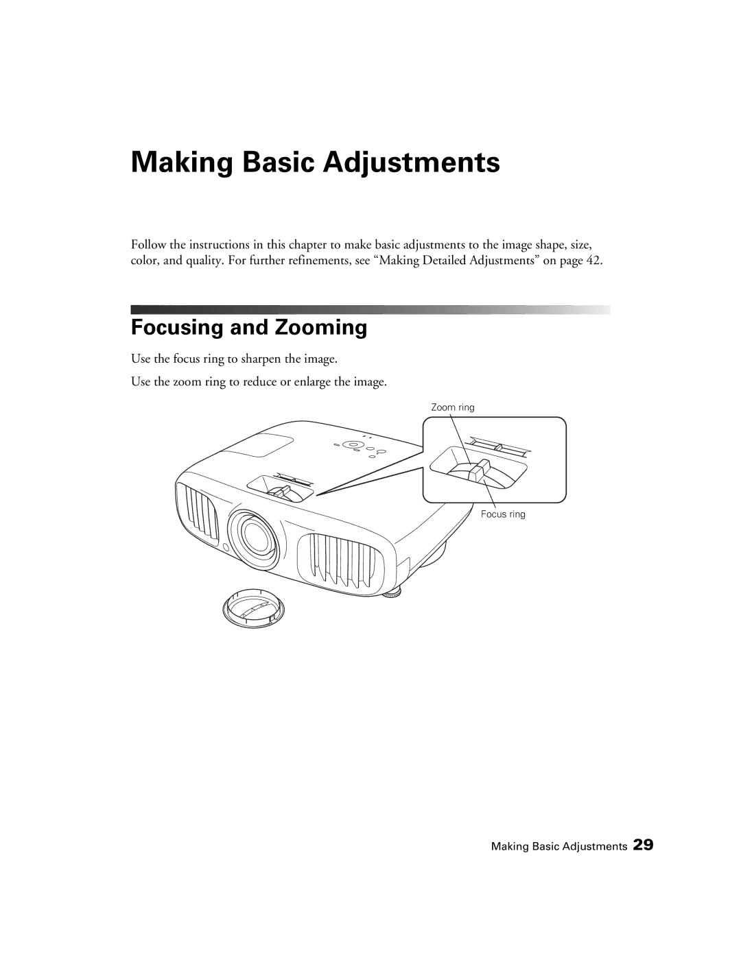 Epson HC3020, 3020E, PowerLite Home Cinema 3020e manual Making Basic Adjustments, Focusing and Zooming 