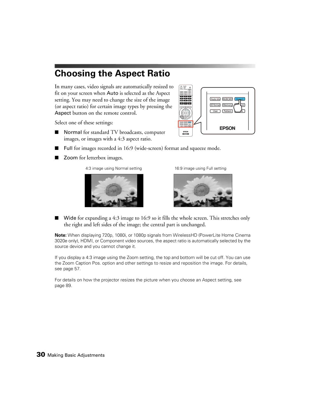 Epson HC3020, 3020E, PowerLite Home Cinema 3020e manual Choosing the Aspect Ratio 