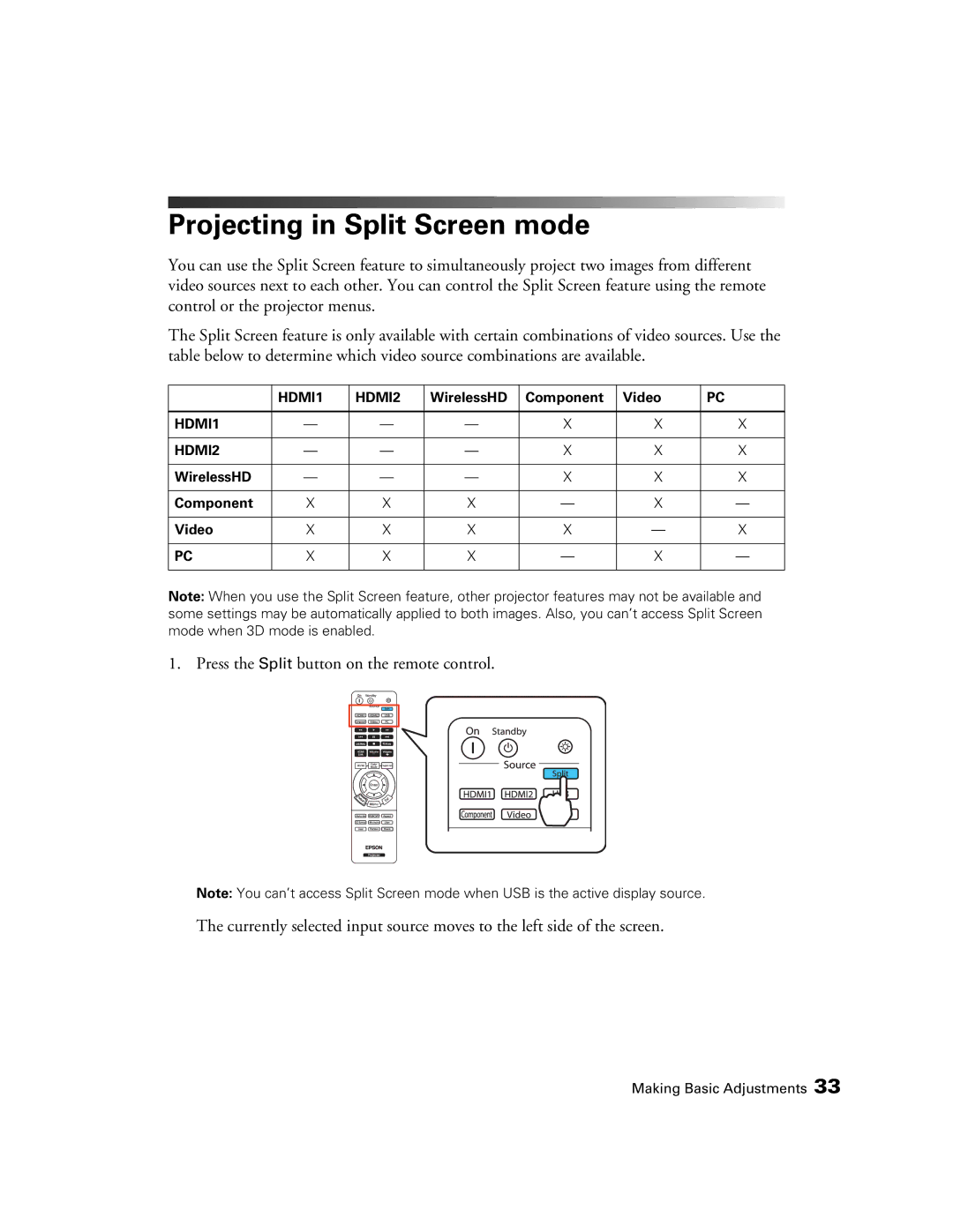 Epson PowerLite Home Cinema 3020e, HC3020, 3020E manual Projecting in Split Screen mode 