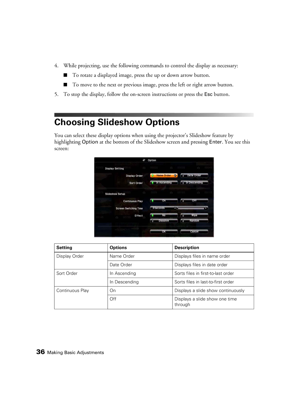 Epson HC3020, 3020E, PowerLite Home Cinema 3020e manual Choosing Slideshow Options, Setting Options Description 