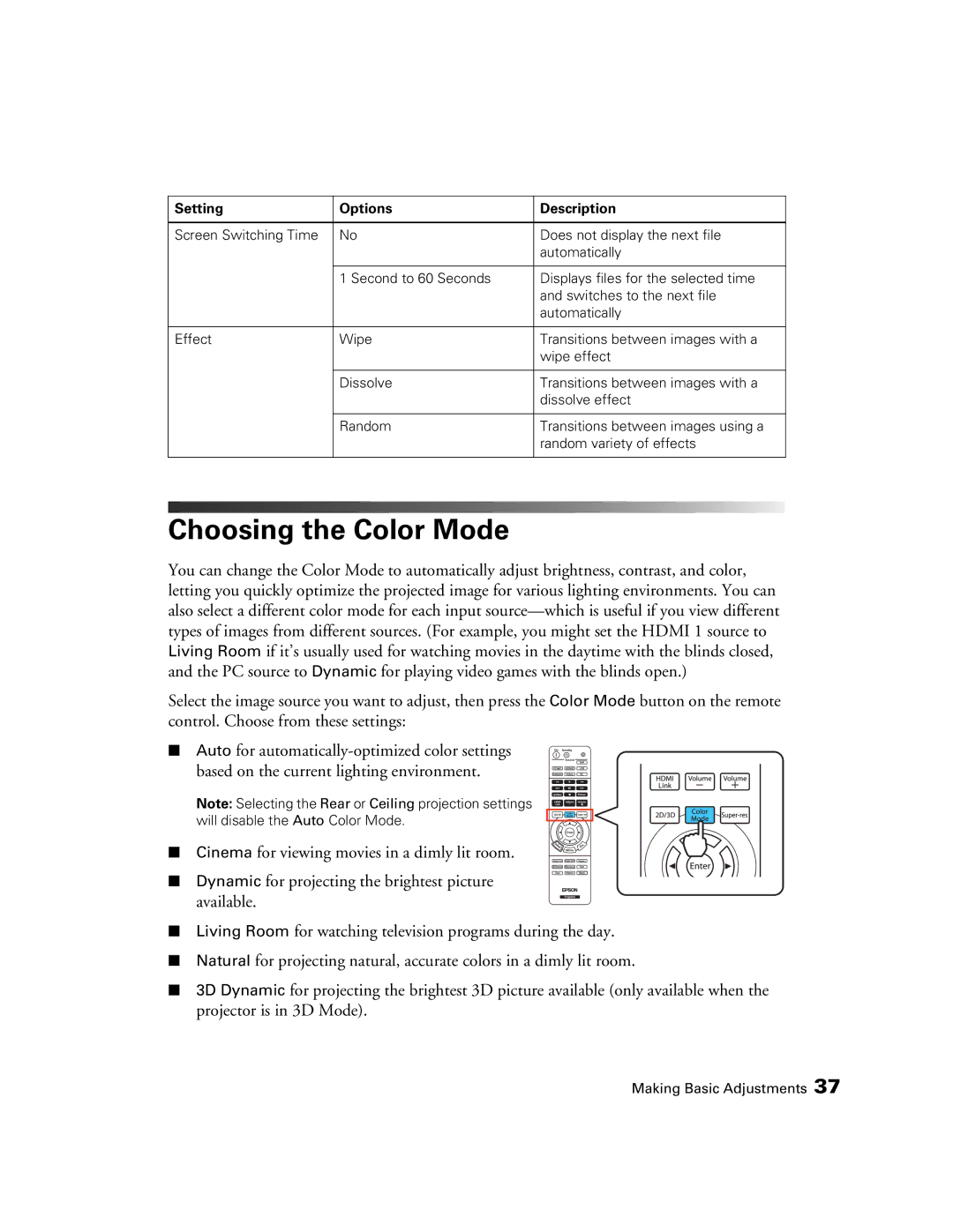 Epson 3020E, HC3020, PowerLite Home Cinema 3020e manual Choosing the Color Mode 