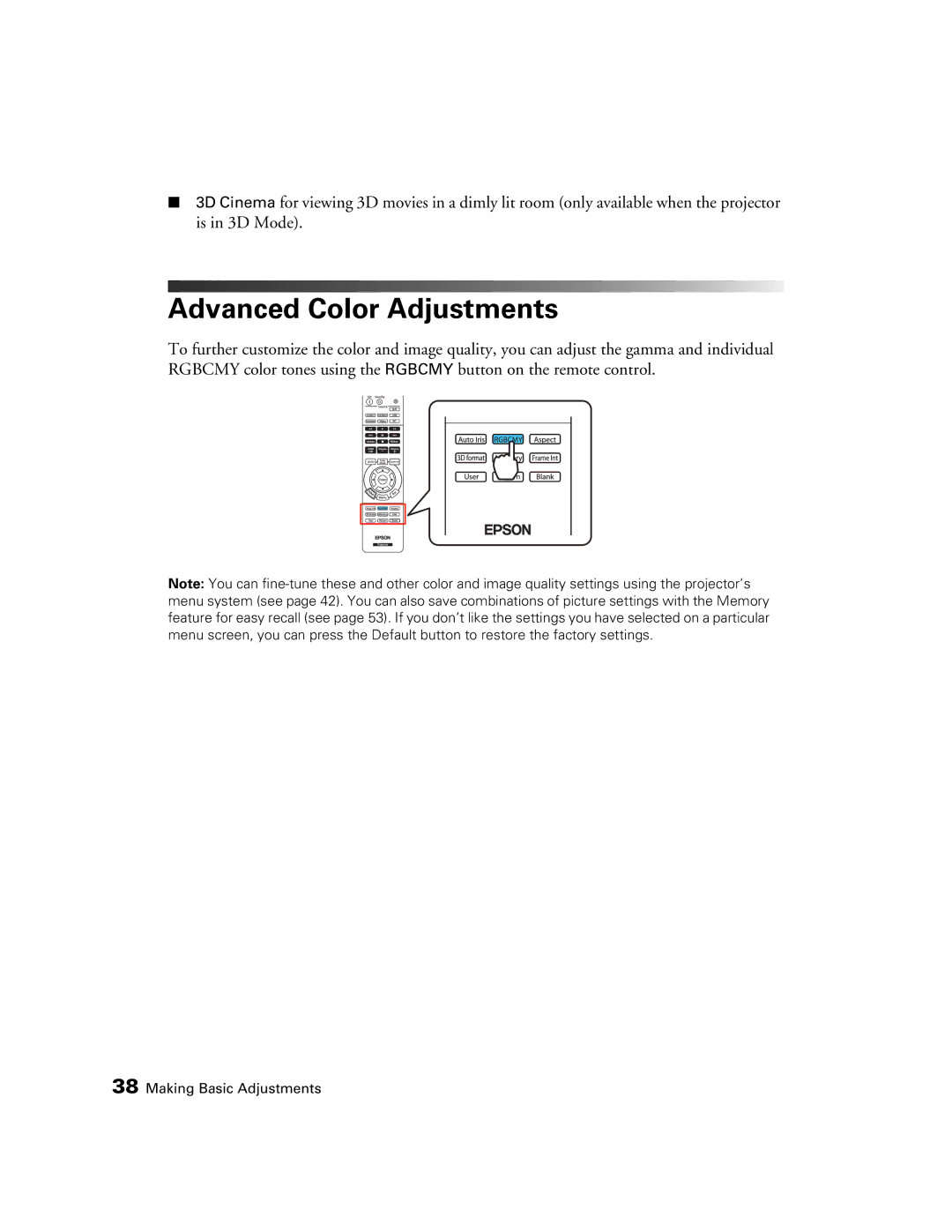 Epson PowerLite Home Cinema 3020e, HC3020, 3020E manual Advanced Color Adjustments 