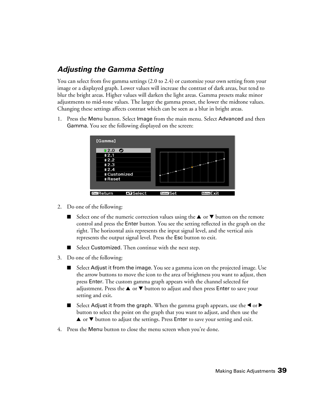 Epson HC3020, 3020E, PowerLite Home Cinema 3020e manual Adjusting the Gamma Setting 