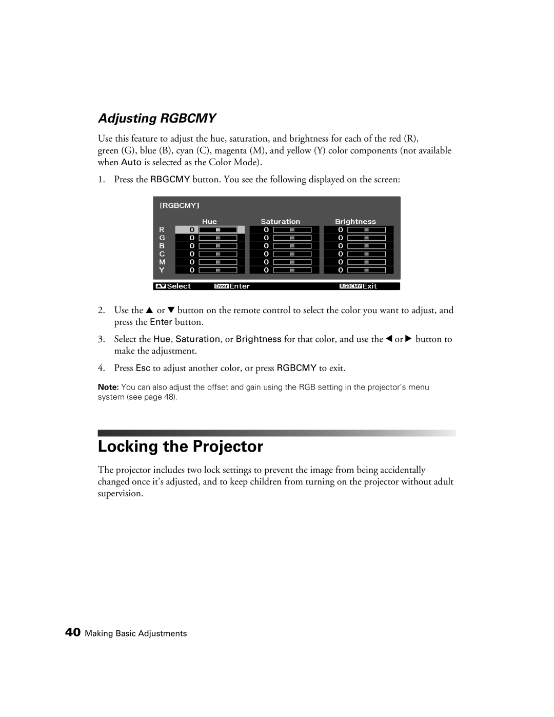 Epson HC3020, 3020E, PowerLite Home Cinema 3020e manual Locking the Projector, Adjusting Rgbcmy 