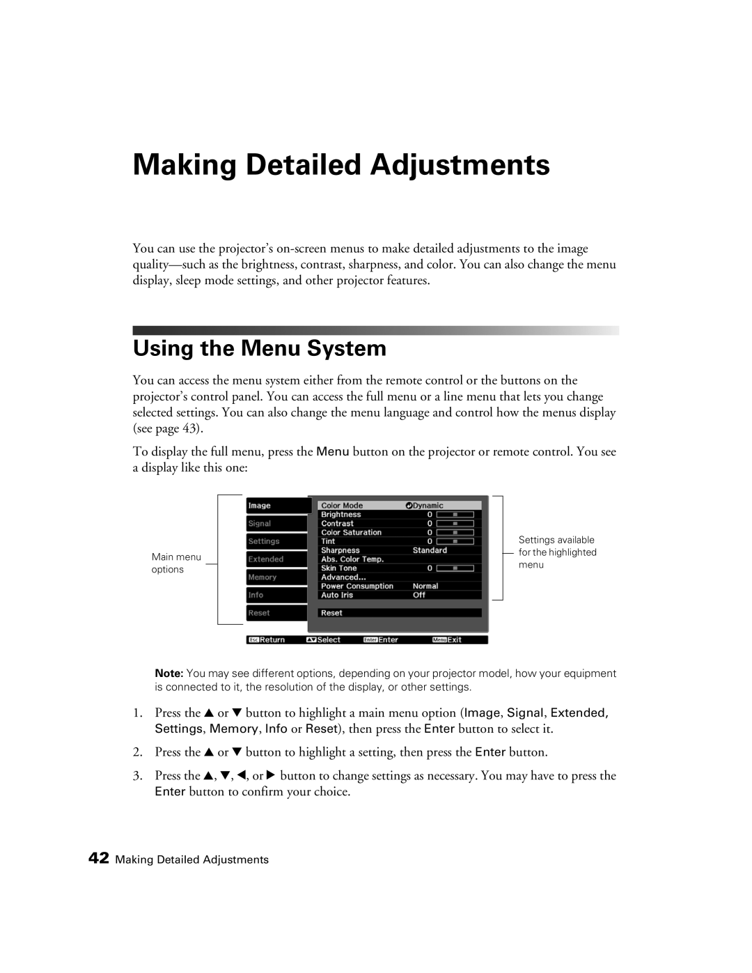 Epson 3020E, HC3020, PowerLite Home Cinema 3020e manual Making Detailed Adjustments, Using the Menu System 