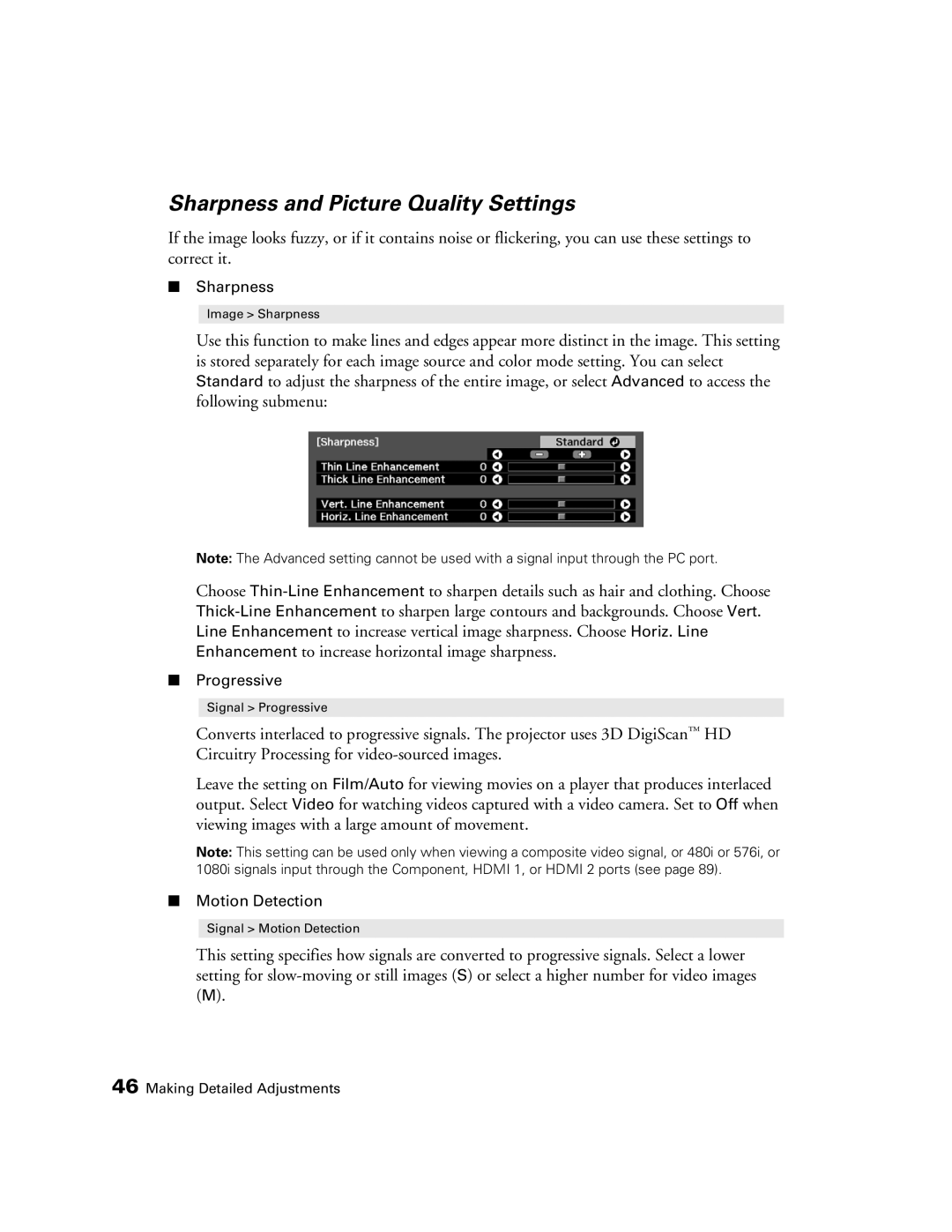 Epson HC3020, 3020E, PowerLite Home Cinema 3020e manual Sharpness and Picture Quality Settings 