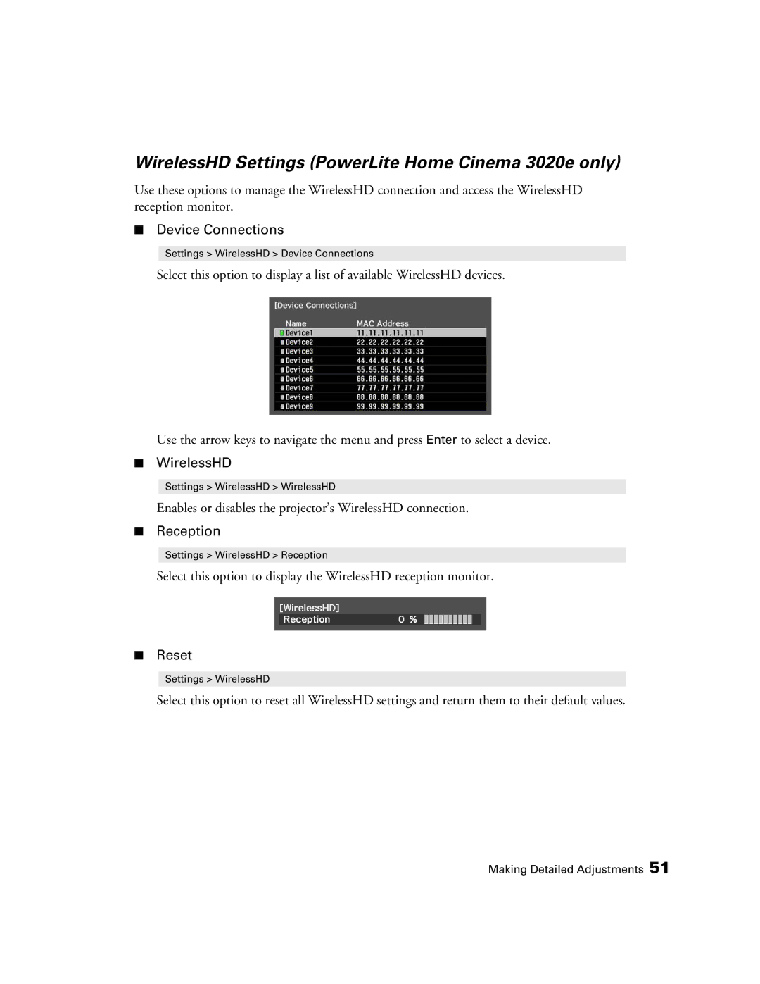 Epson HC3020, 3020E manual WirelessHD Settings PowerLite Home Cinema 3020e only, Device Connections 