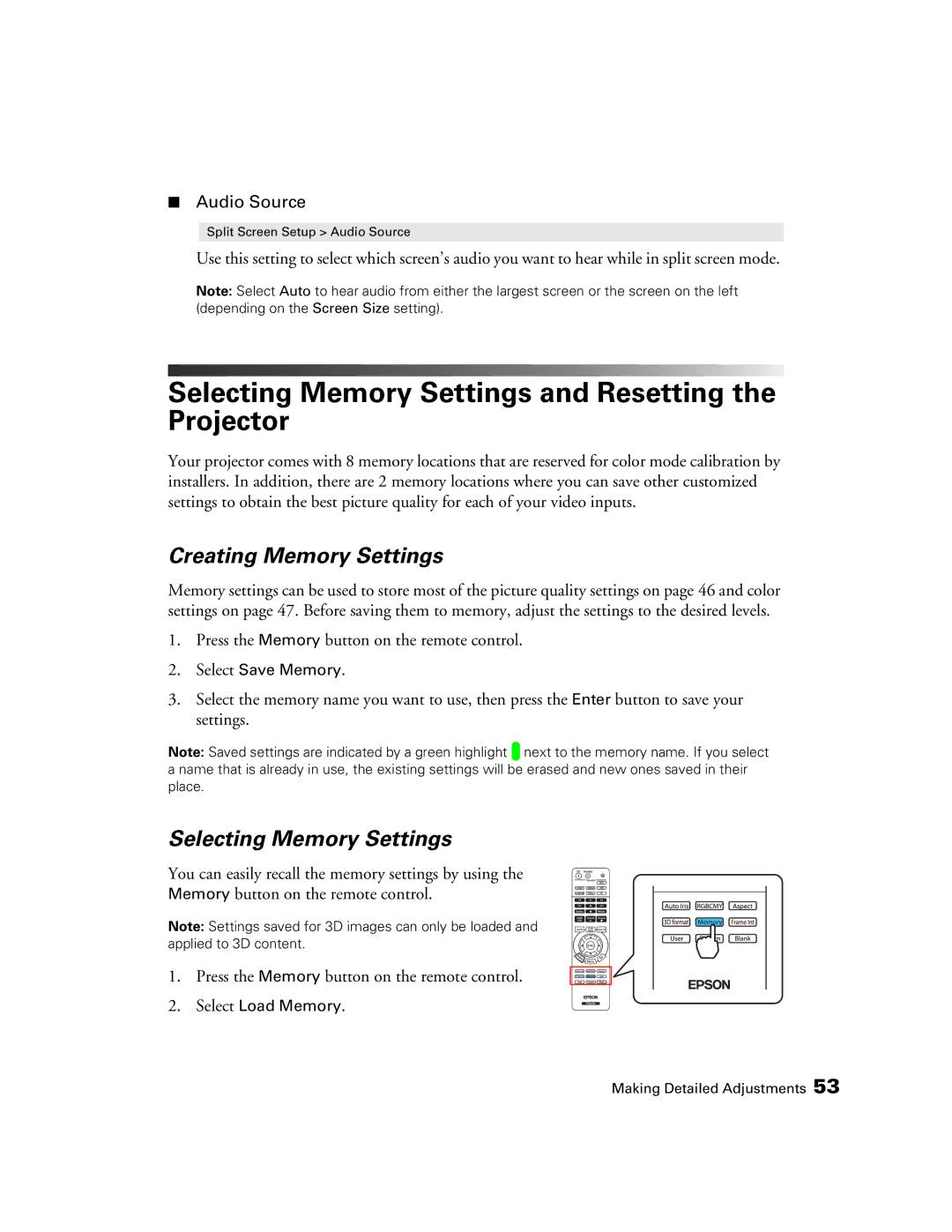 Epson PowerLite Home Cinema 3020e, HC3020 Selecting Memory Settings and Resetting the Projector, Creating Memory Settings 