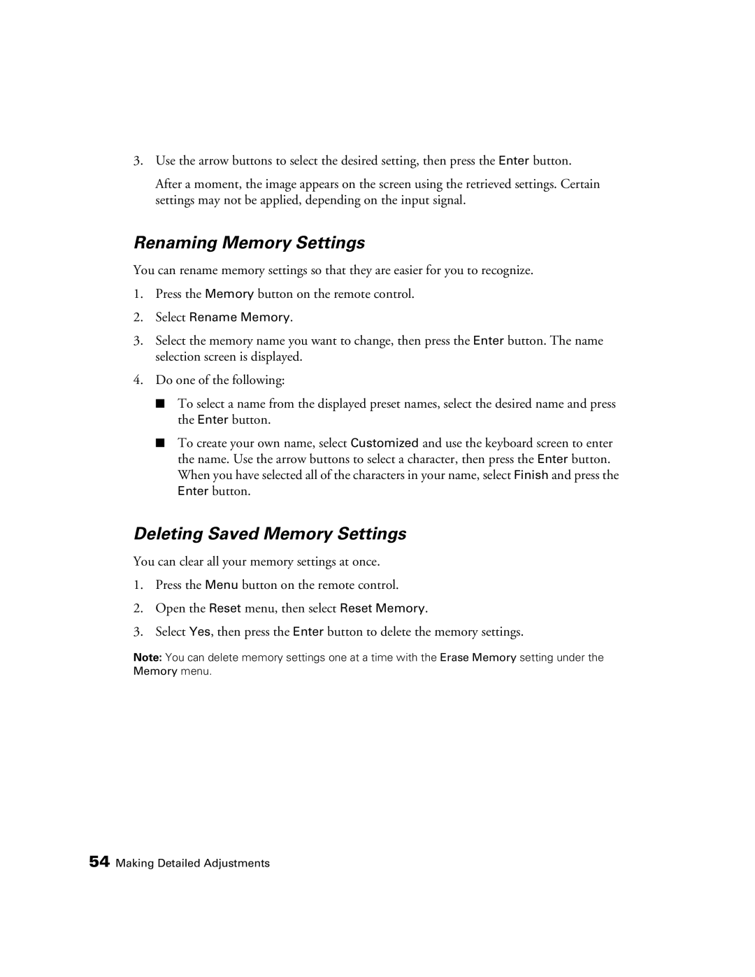 Epson PowerLite Home Cinema 3020, HC3020, 3020E manual Renaming Memory Settings, Deleting Saved Memory Settings 