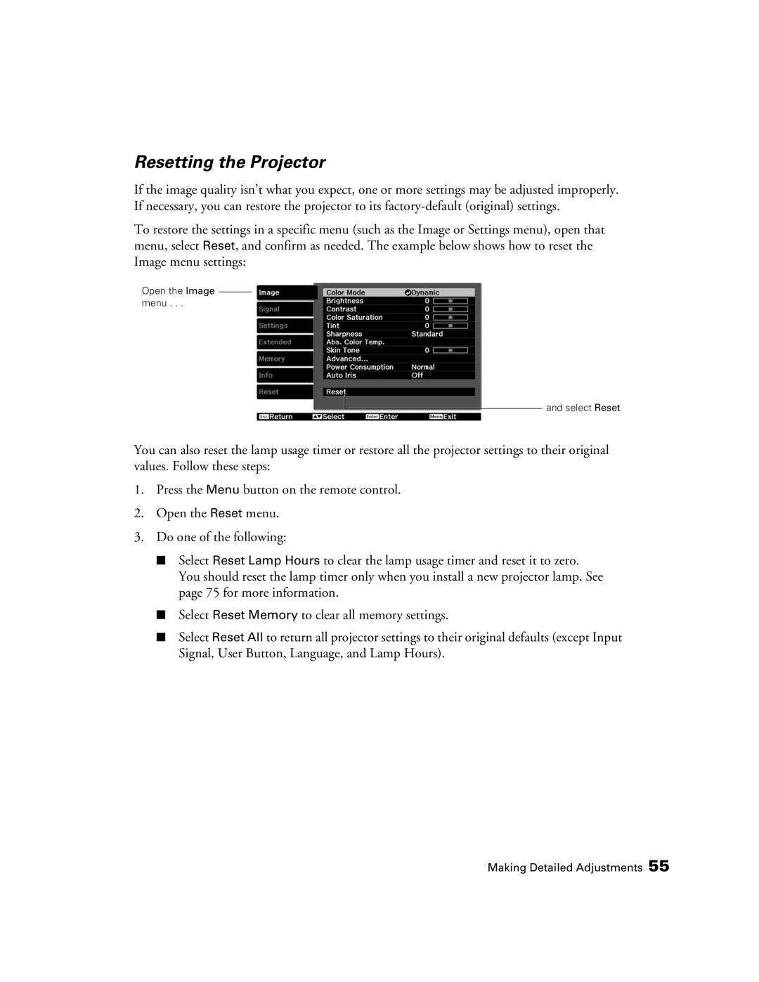 Epson HC3020, 3020E, PowerLite Home Cinema 3020e manual Resetting the Projector 