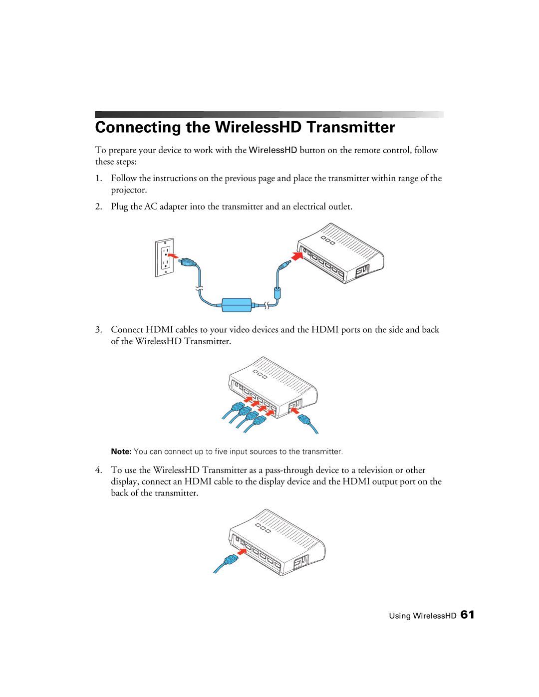 Epson HC3020, 3020E, PowerLite Home Cinema 3020e manual Connecting the WirelessHD Transmitter 