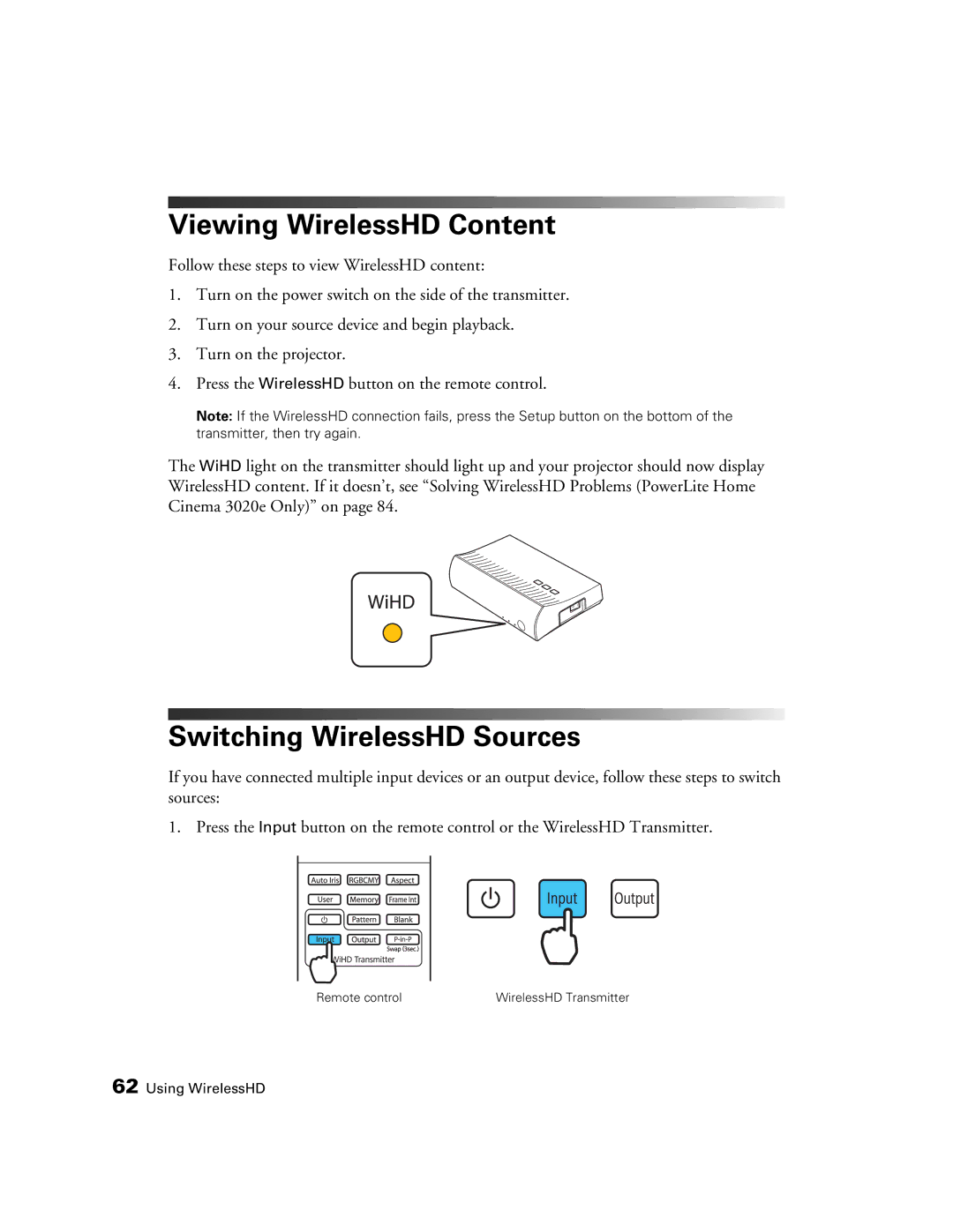 Epson 3020E, HC3020, PowerLite Home Cinema 3020e manual Viewing WirelessHD Content, Switching WirelessHD Sources 