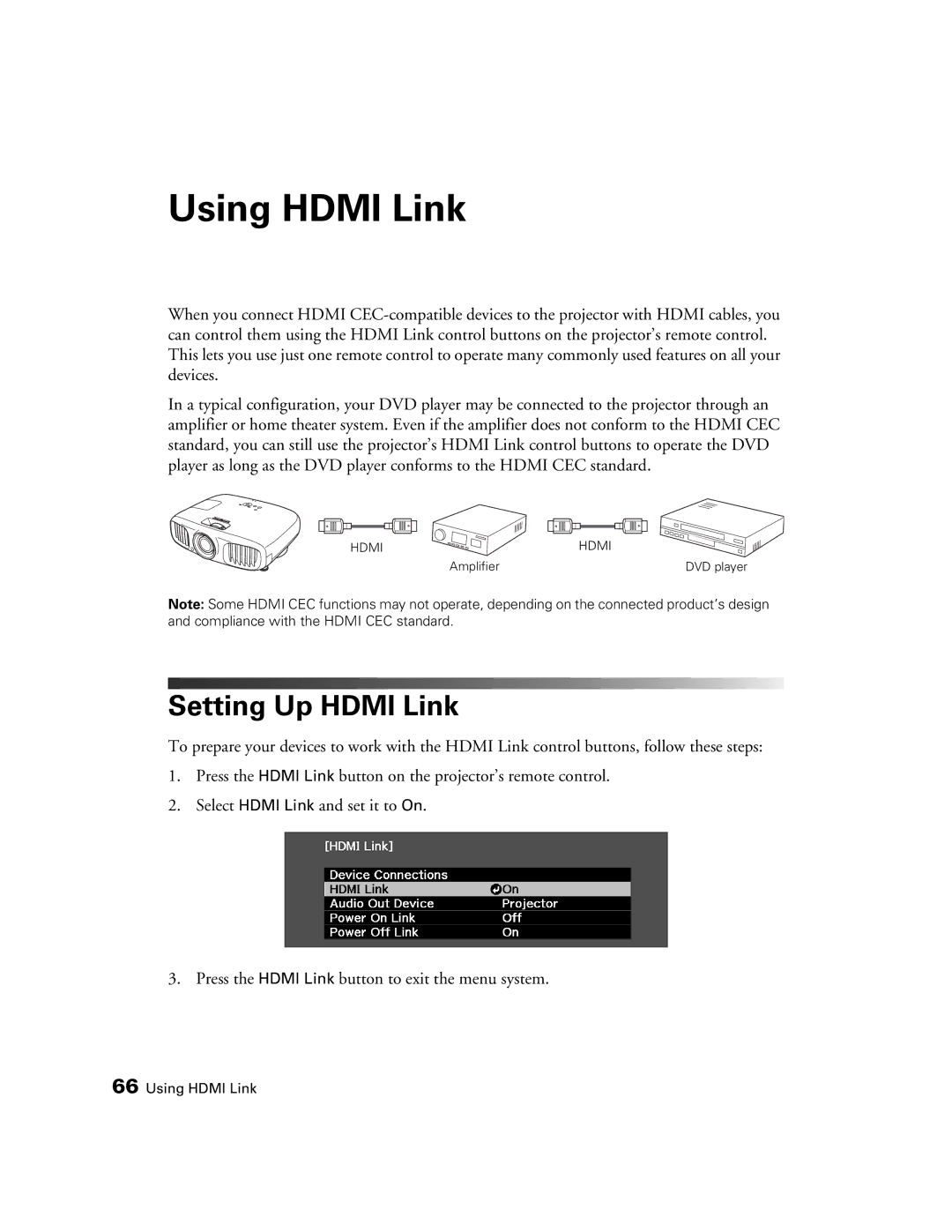 Epson HC3020, 3020E, PowerLite Home Cinema 3020e manual Using Hdmi Link, Setting Up Hdmi Link 