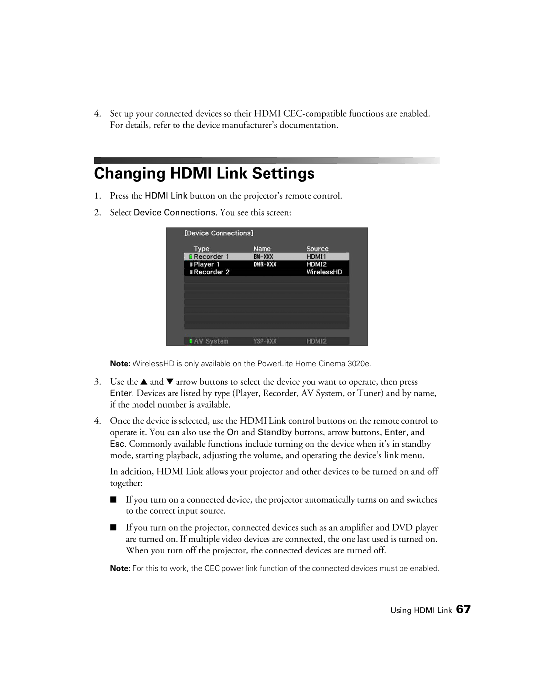 Epson 3020E, HC3020, PowerLite Home Cinema 3020e manual Changing Hdmi Link Settings 