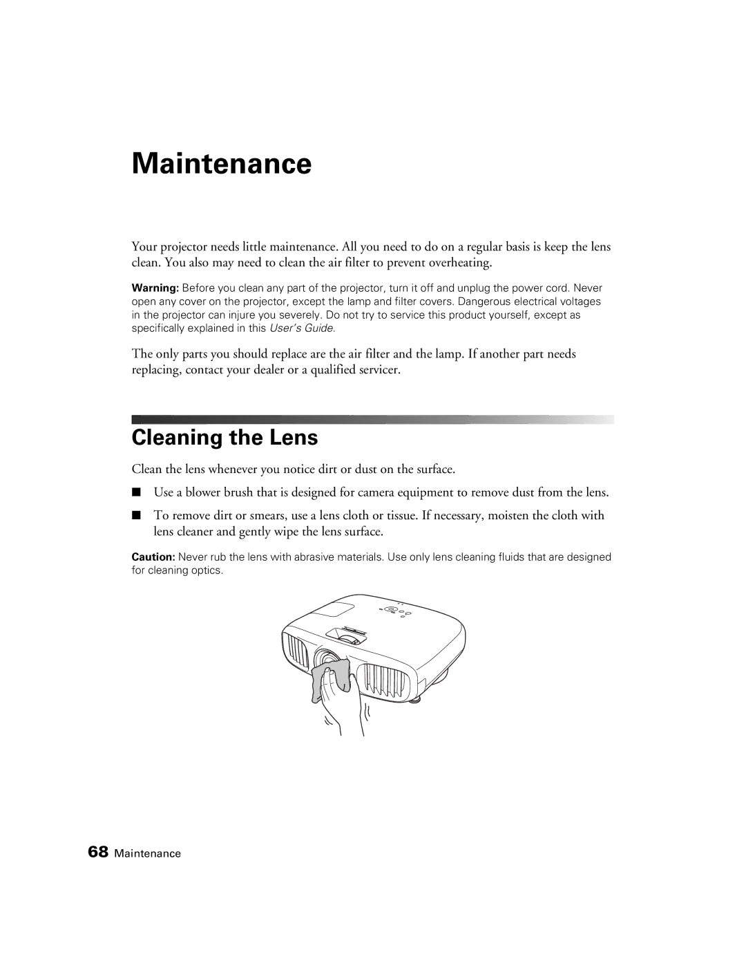 Epson PowerLite Home Cinema 3020e, HC3020, 3020E manual Maintenance, Cleaning the Lens 