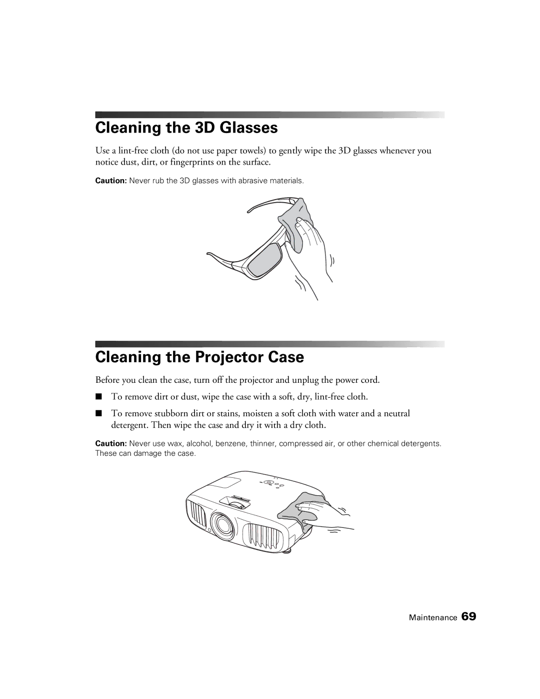 Epson PowerLite Home Cinema 3020, HC3020, 3020E manual Cleaning the 3D Glasses, Cleaning the Projector Case 