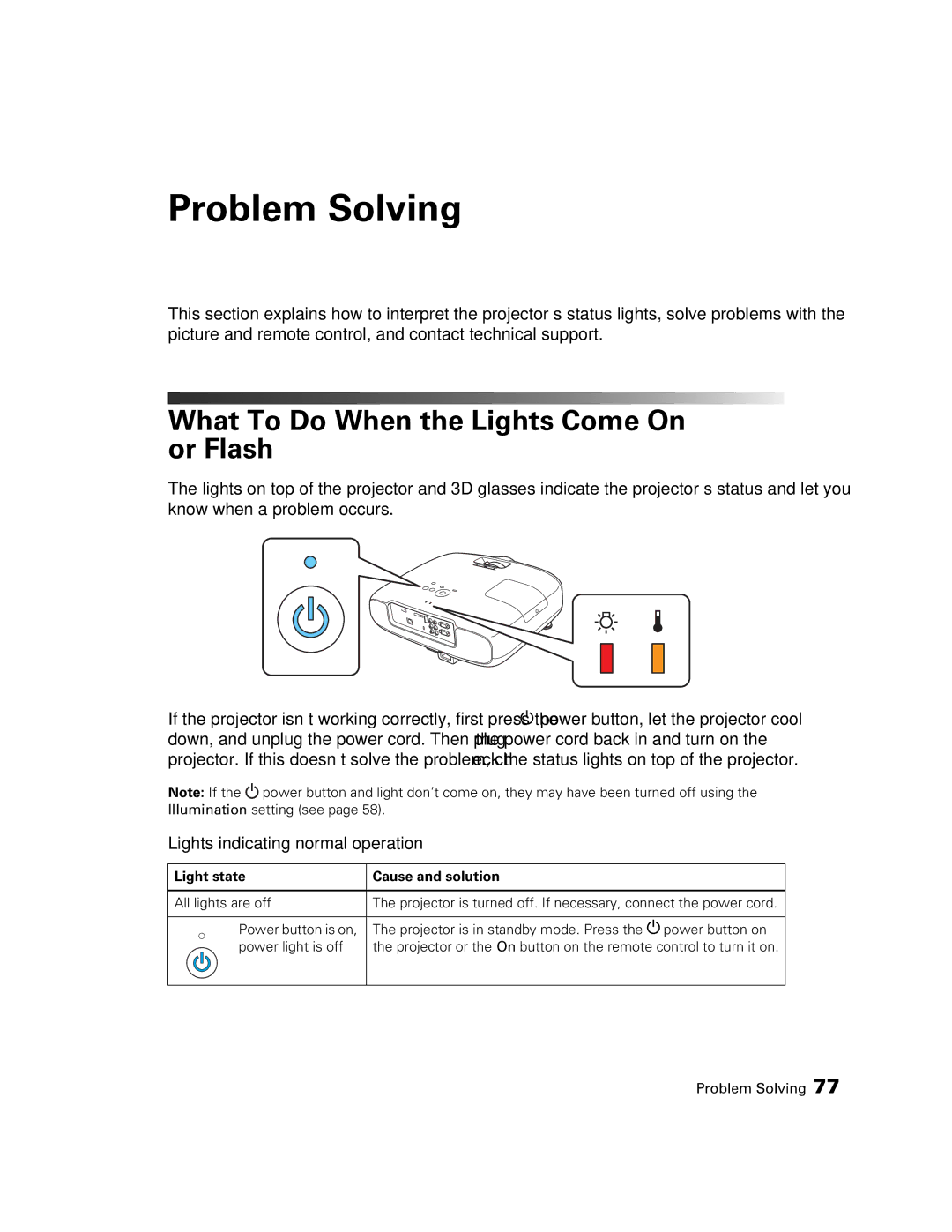 Epson 3020E, HC3020, PowerLite Home Cinema 3020e manual Problem Solving, What To Do When the Lights Come On or Flash 