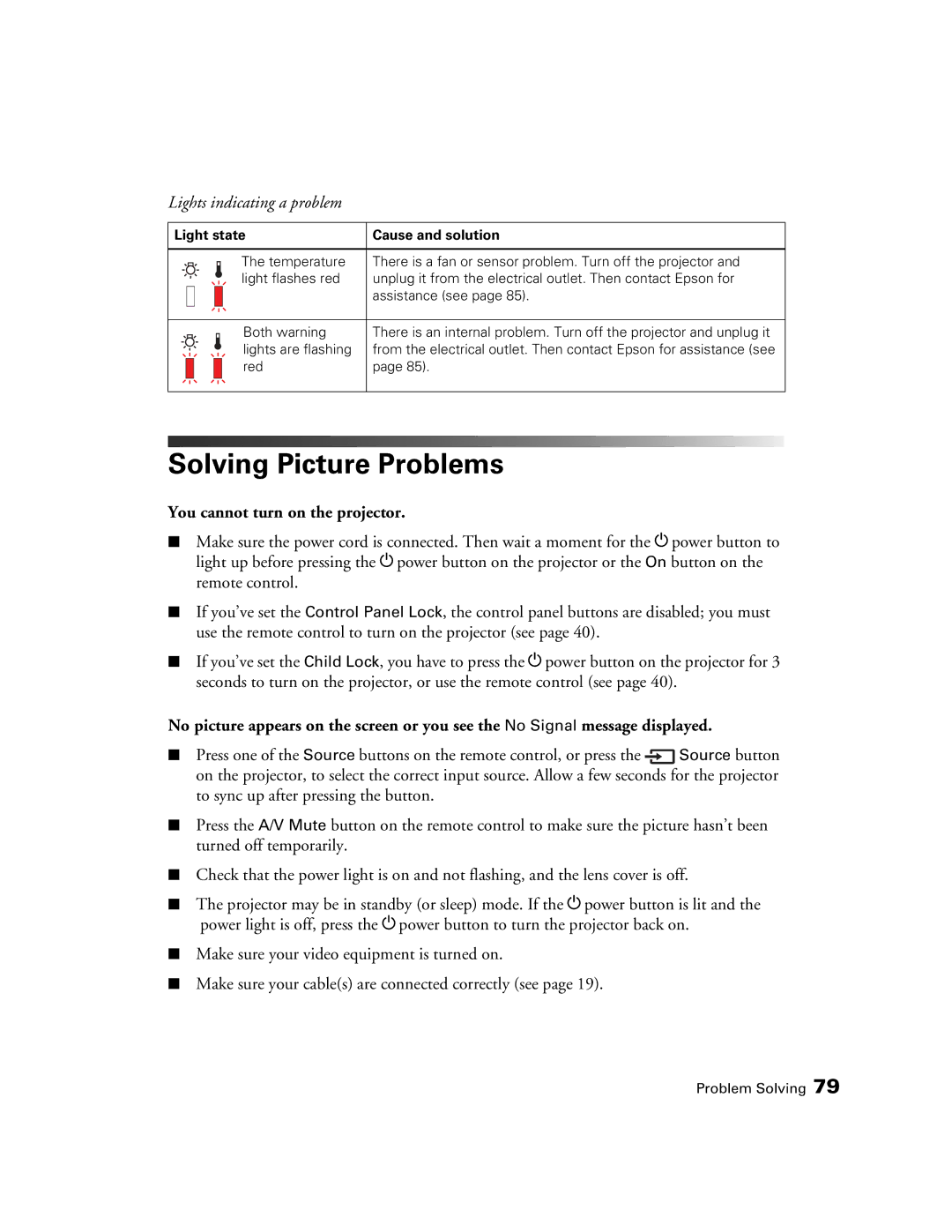 Epson PowerLite Home Cinema 3020, HC3020, 3020E manual Solving Picture Problems, You cannot turn on the projector 