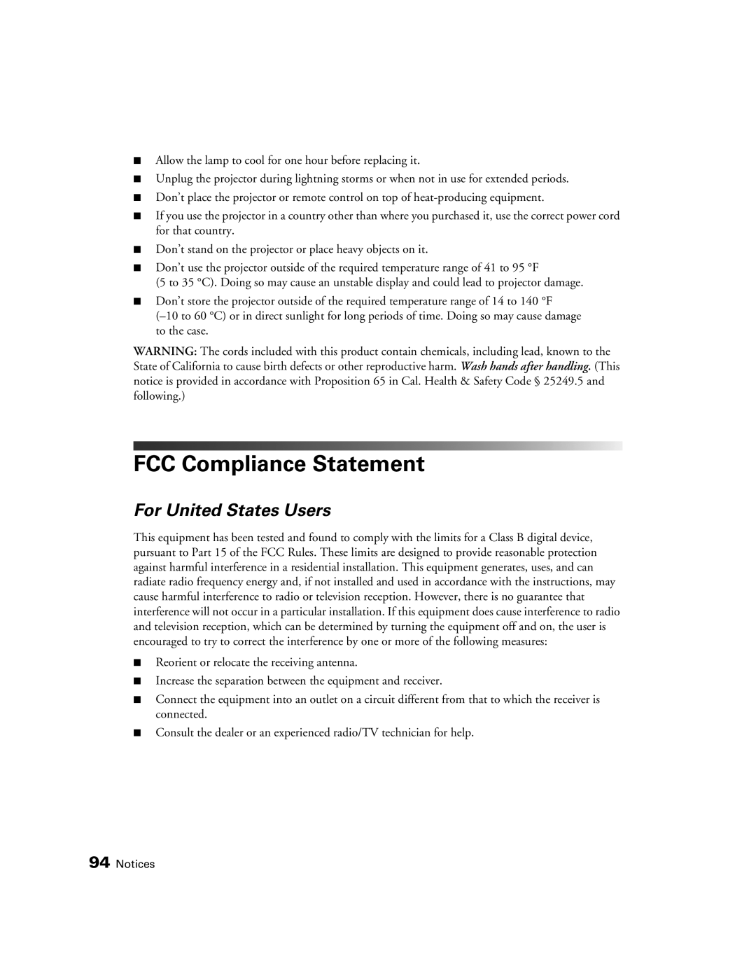 Epson PowerLite Home Cinema 3020, HC3020, 3020E manual FCC Compliance Statement, For United States Users 