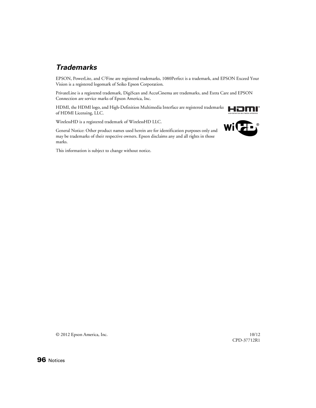 Epson HC3020, 3020E, PowerLite Home Cinema 3020e manual Trademarks 