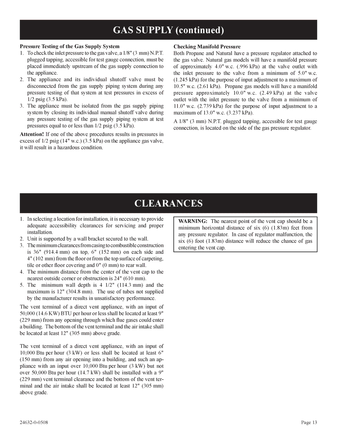 Epson P)-1, HWDV080DV(N installation instructions GAS Supply, Clearances 