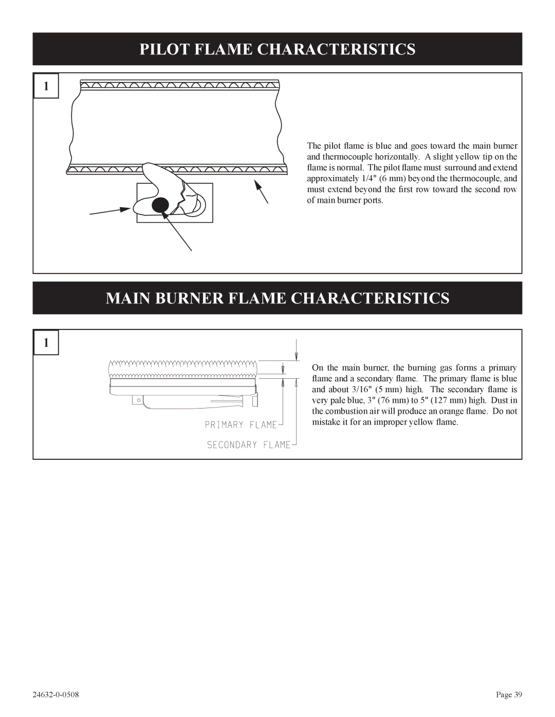 Epson P)-1, HWDV080DV(N installation instructions Pilot Flame Characteristics, Main Burner Flame Characteristics 