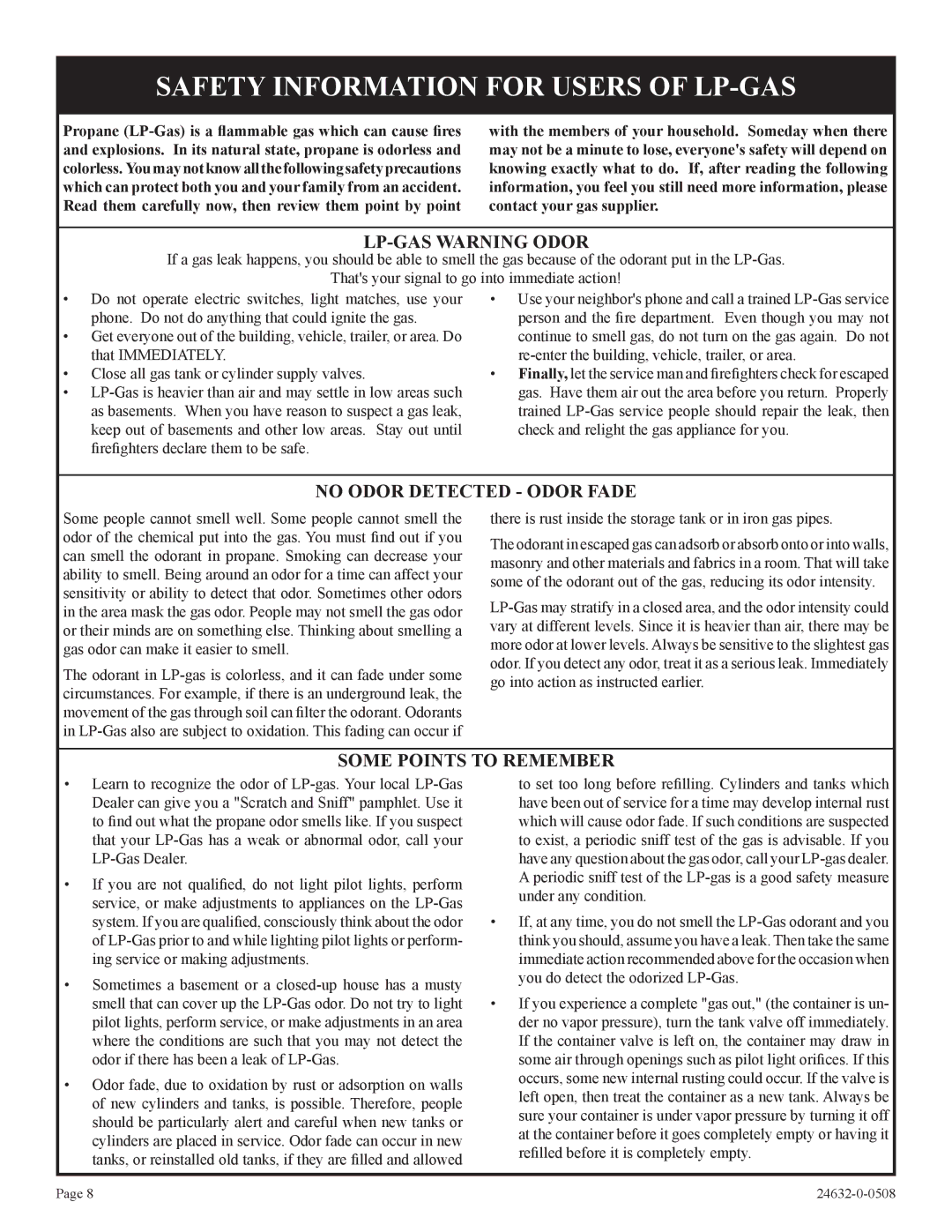 Epson HWDV080DV(N, P)-1 installation instructions Safety Information for Users of LP-GAS, LP-GAS Warning Odor 