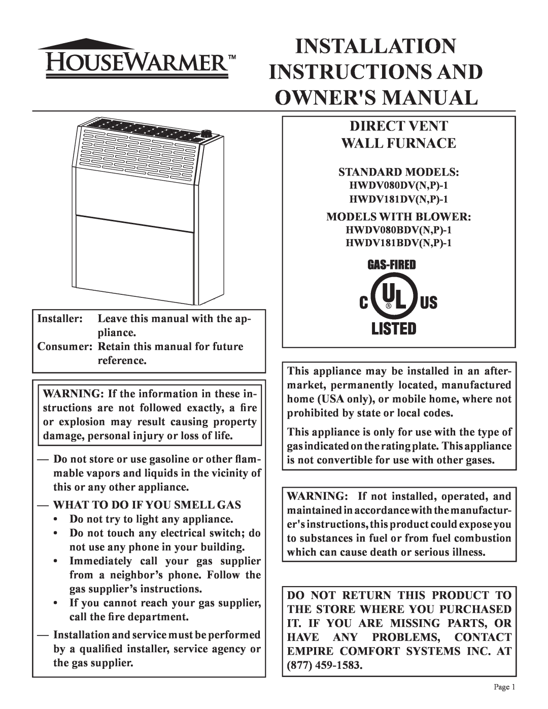 Epson P)-1, HWDV080DV(N installation instructions Direct Vent Wall Furnace, Gas-Fired 