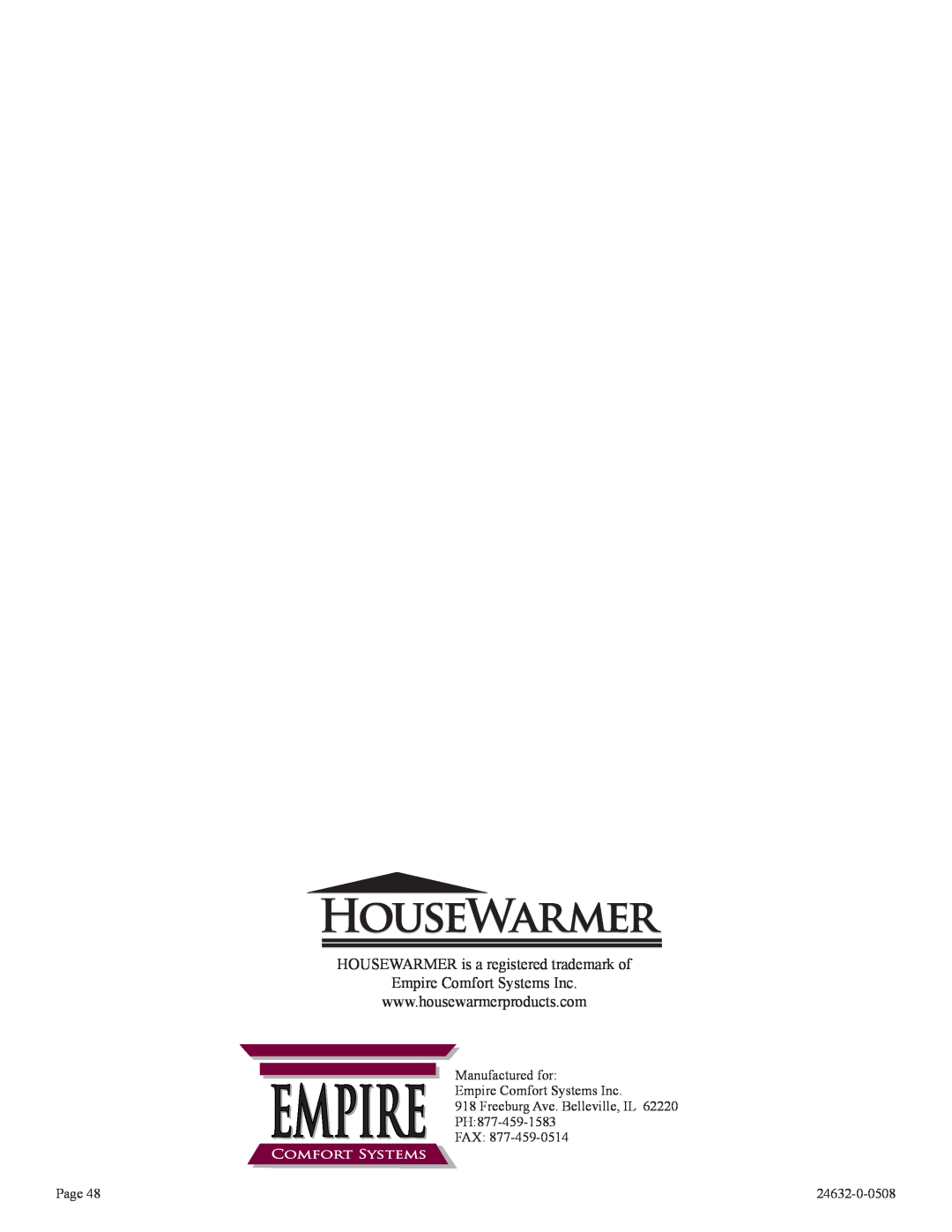 Epson HWDV080DV(N, P)-1 HOUSEWARMER is a registered trademark of, Empire Comfort Systems Inc, Fax, Page, 24632-0-0508 