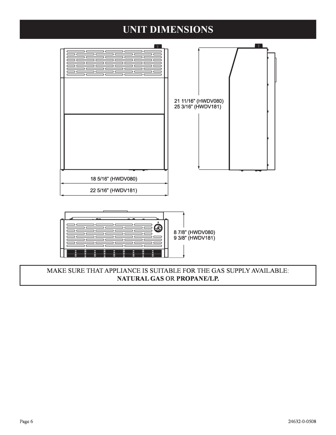 Epson HWDV080DV(N, P)-1 installation instructions Unit Dimensions, Natural Gas Or Propane/Lp, Page, 24632-0-0508 