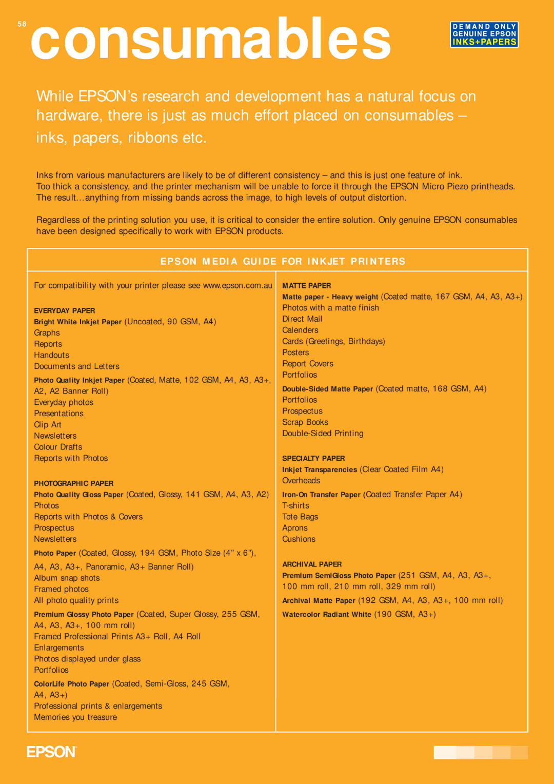 Epson Inkjets manual Consumables, Epson Media Guide for Inkjet Printers 