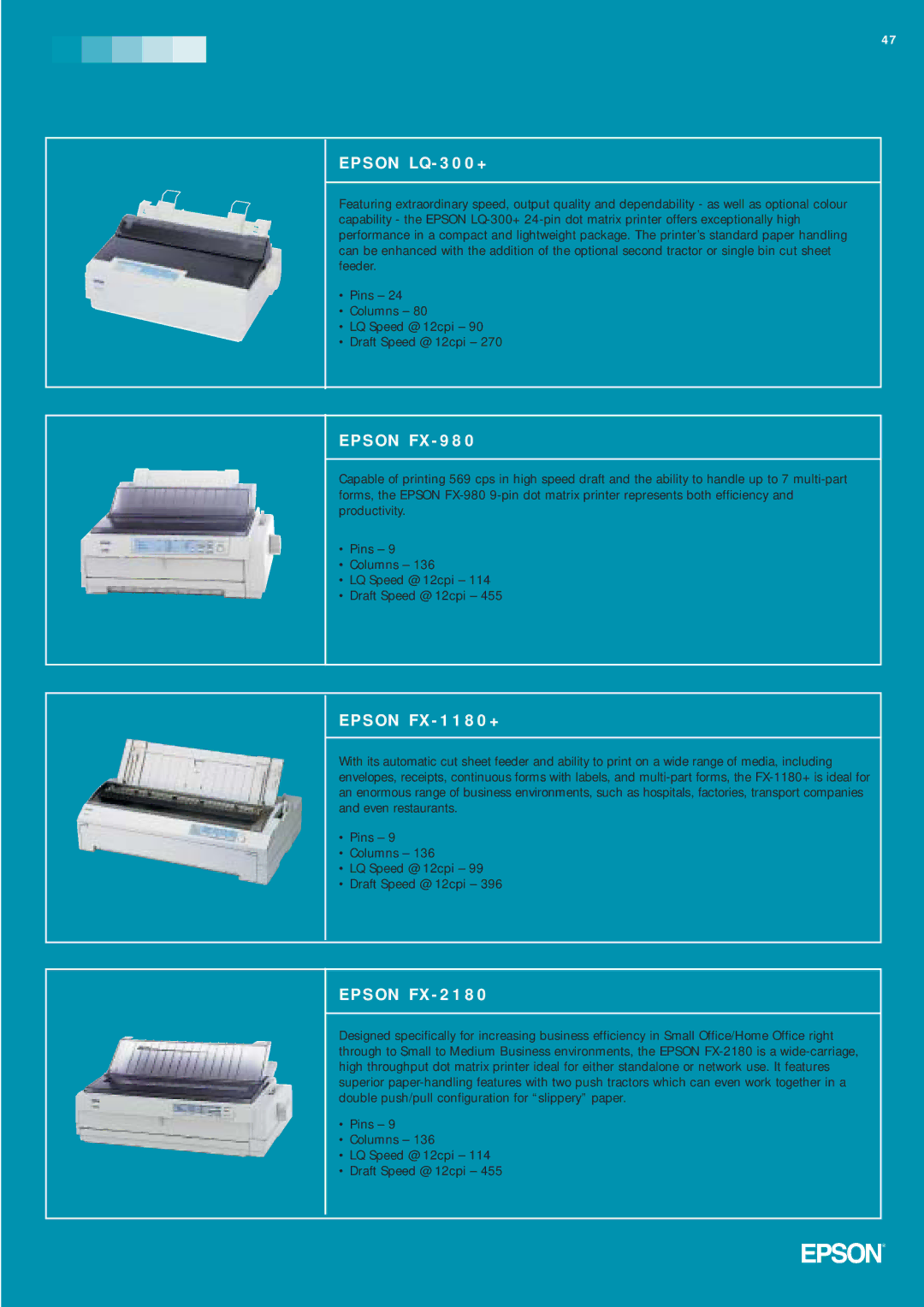 Epson Inkjets manual Epson LQ 300+, Epson FX 1180+ 