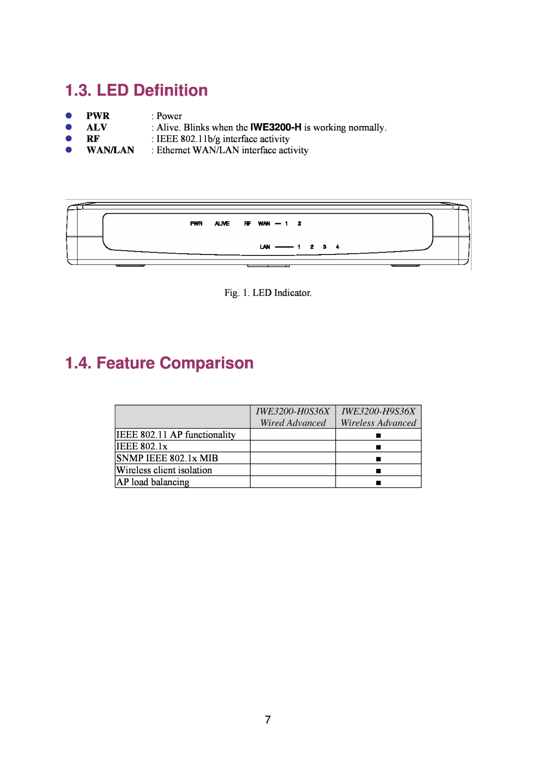 Epson manual LED Definition, Feature Comparison, IWE3200-H0S36X, IWE3200-H9S36X, Wired Advanced, Wireless Advanced, Ieee 
