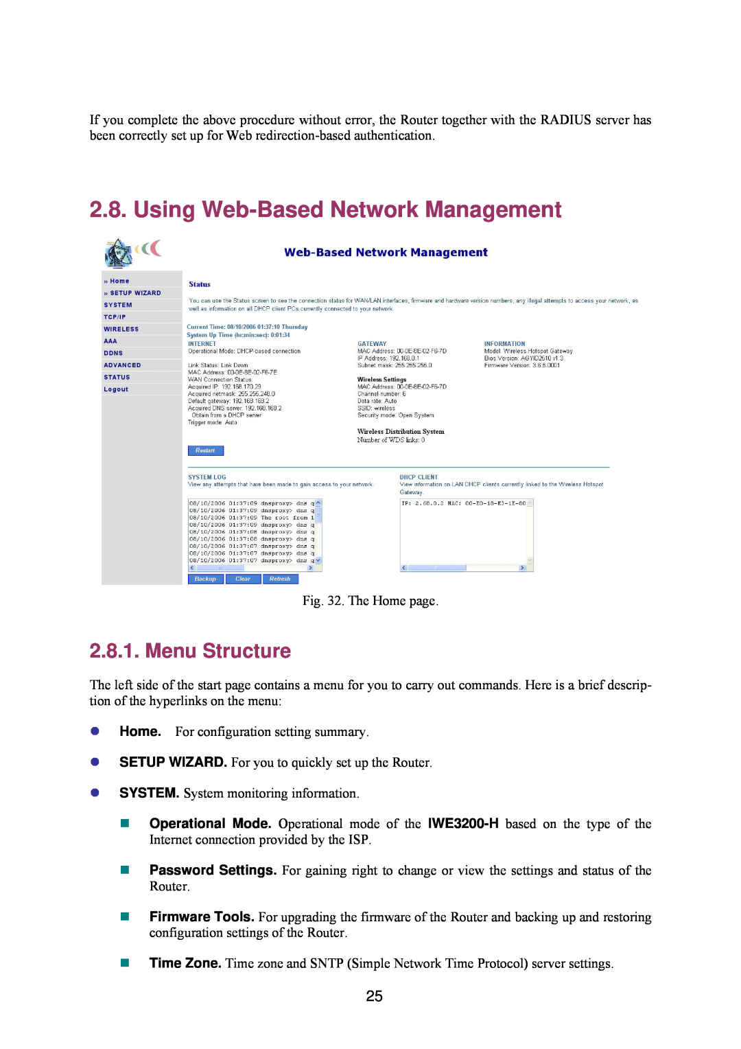 Epson IWE3200-H manual Using Web-BasedNetwork Management, Menu Structure 