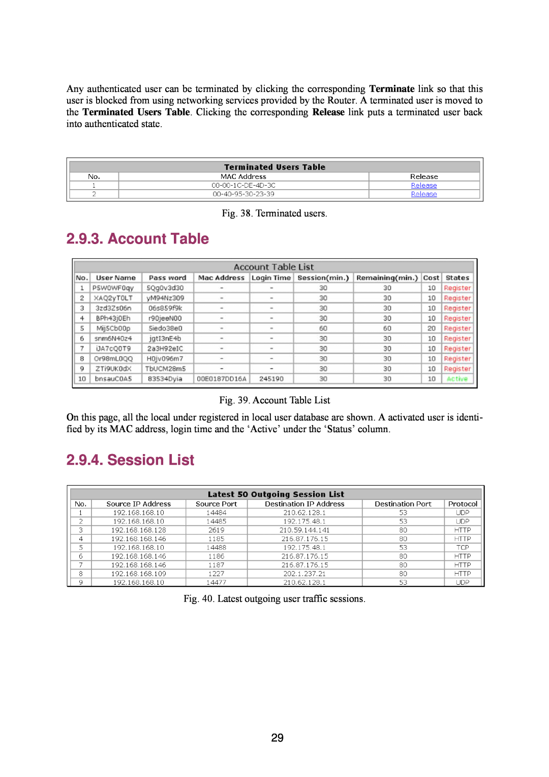 Epson IWE3200-H manual Account Table, Session List 