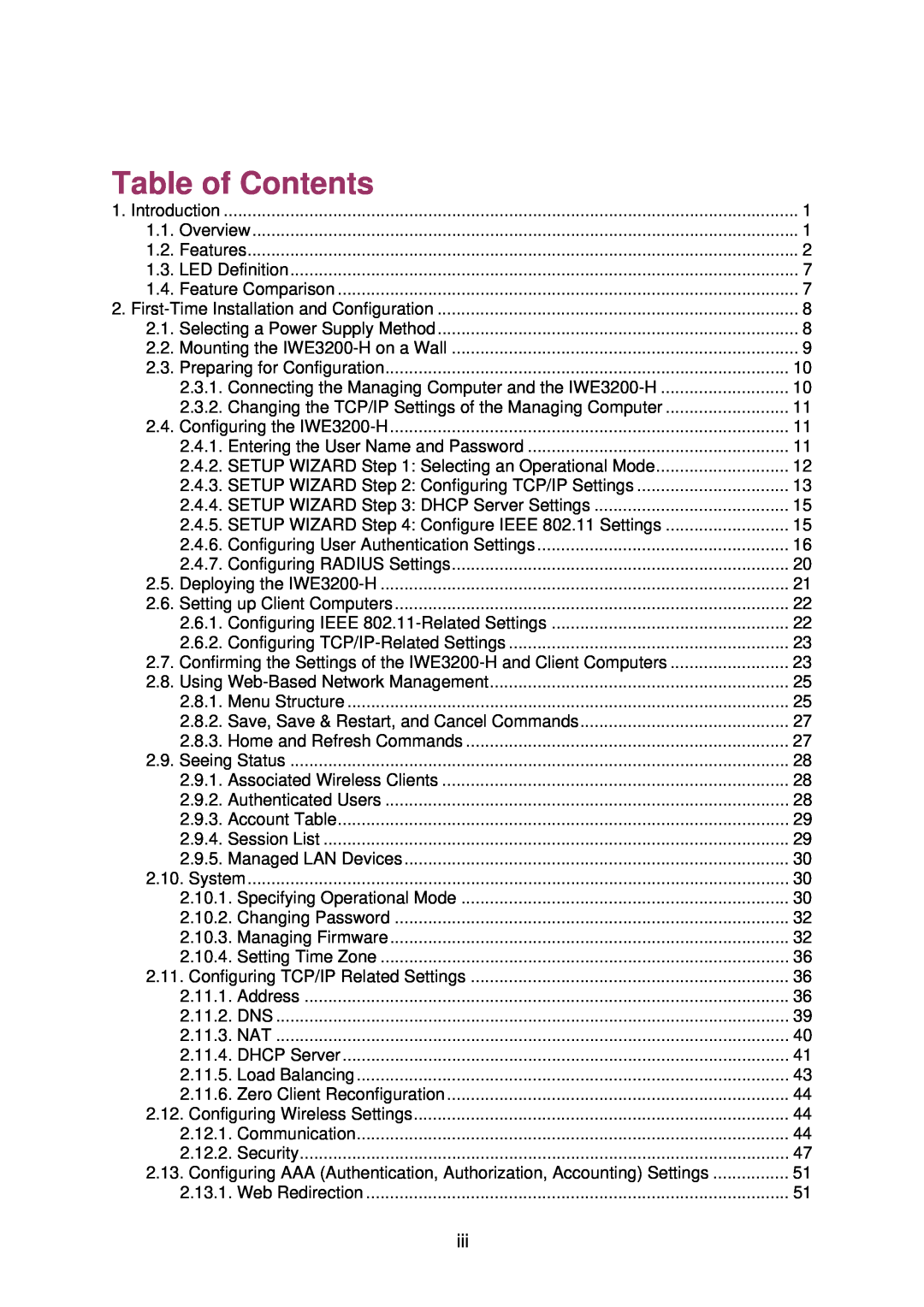 Epson IWE3200-H manual Table of Contents 
