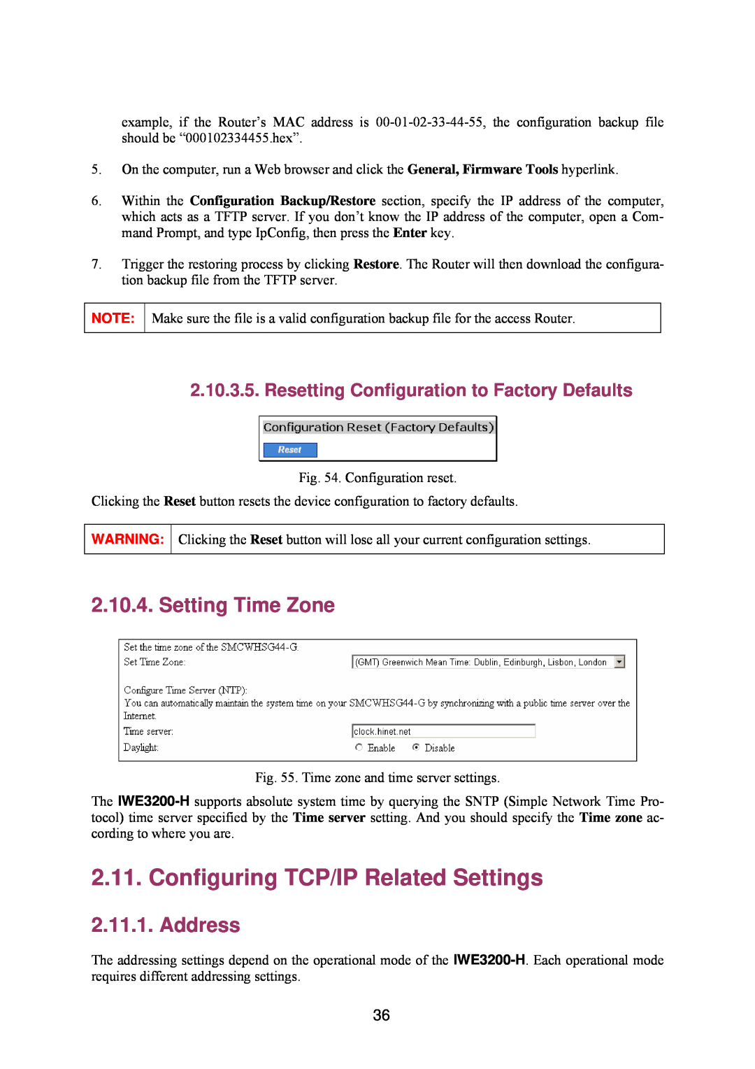 Epson IWE3200-H manual Configuring TCP/IP Related Settings, Setting Time Zone, Address 