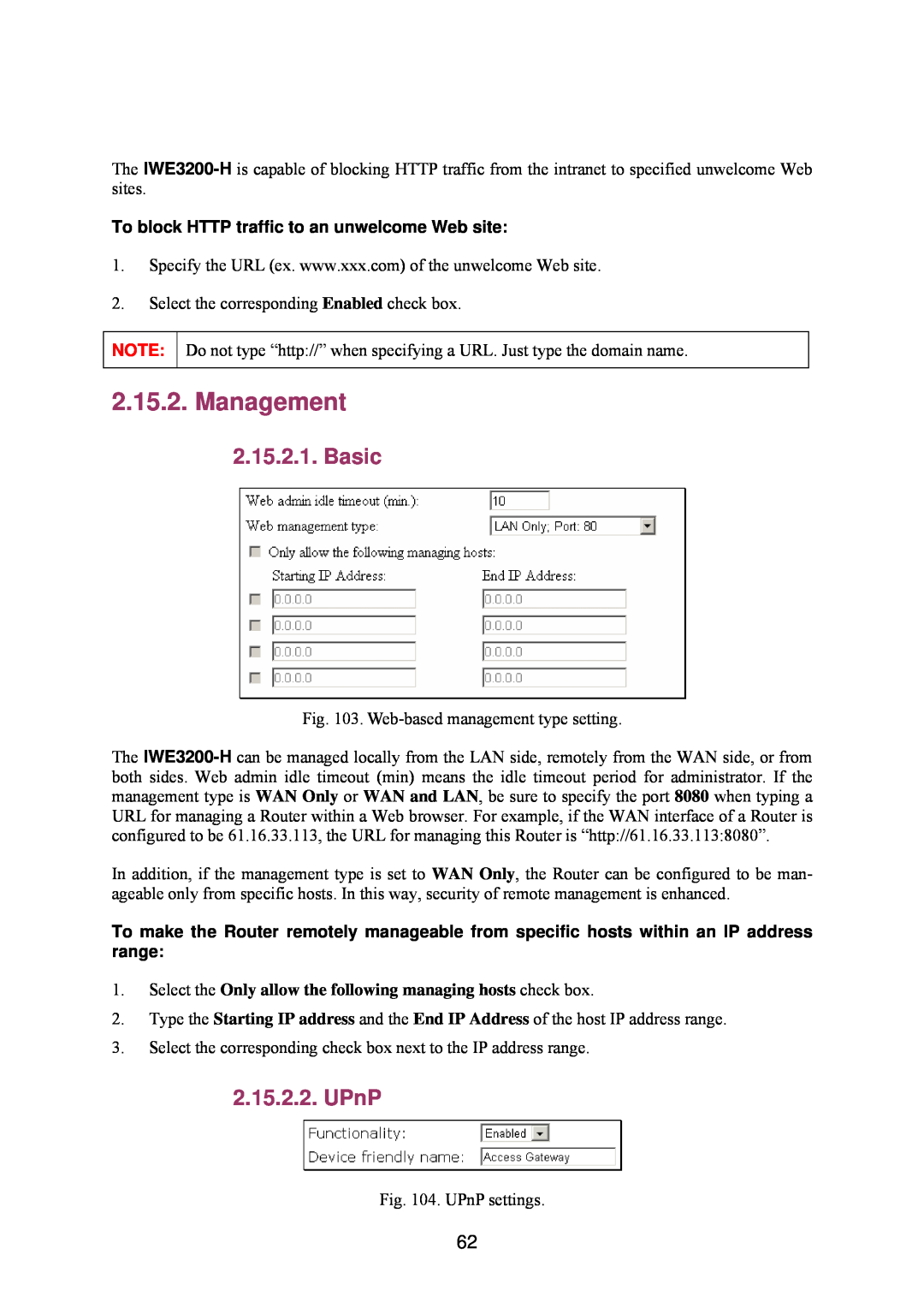 Epson IWE3200-H manual Management, Basic, UPnP, To block HTTP traffic to an unwelcome Web site 